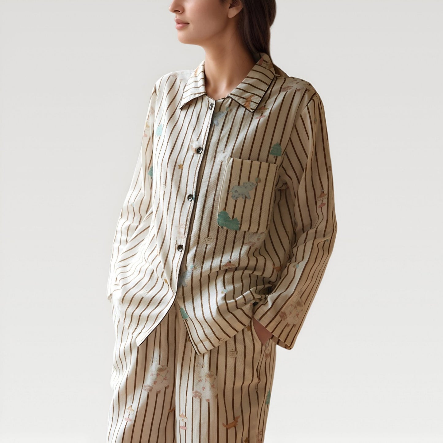 Anna-Kaci Lounge Women's Satin Striped Pajama Set with Button Up Long Sleeve Shirt and Illustrated Tree Print Pants