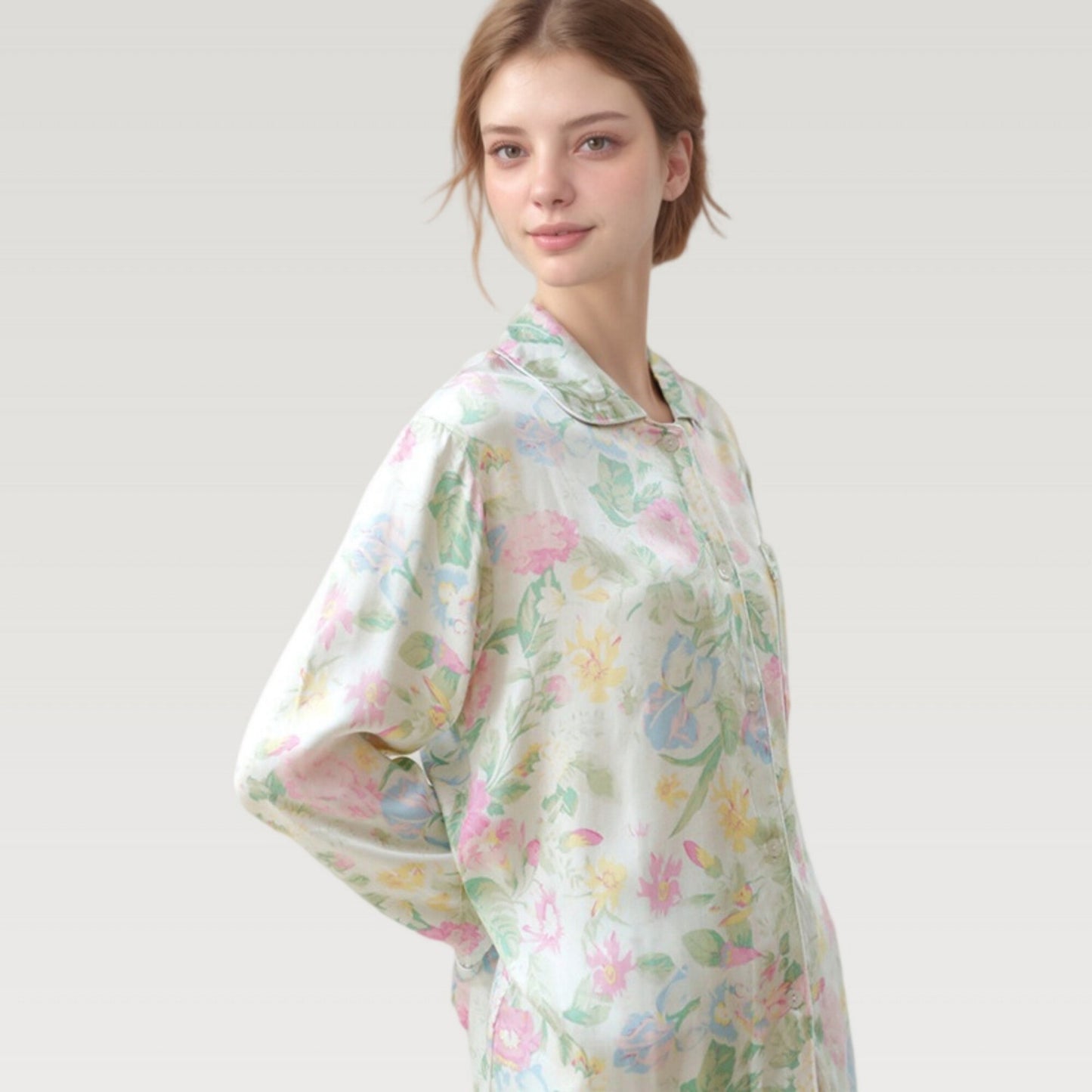 Anna-Kaci Lounge Women's Satin Floral Print Pajama Set with Long Sleeve Button Up Shirt and Matching Relaxed Fit Pants