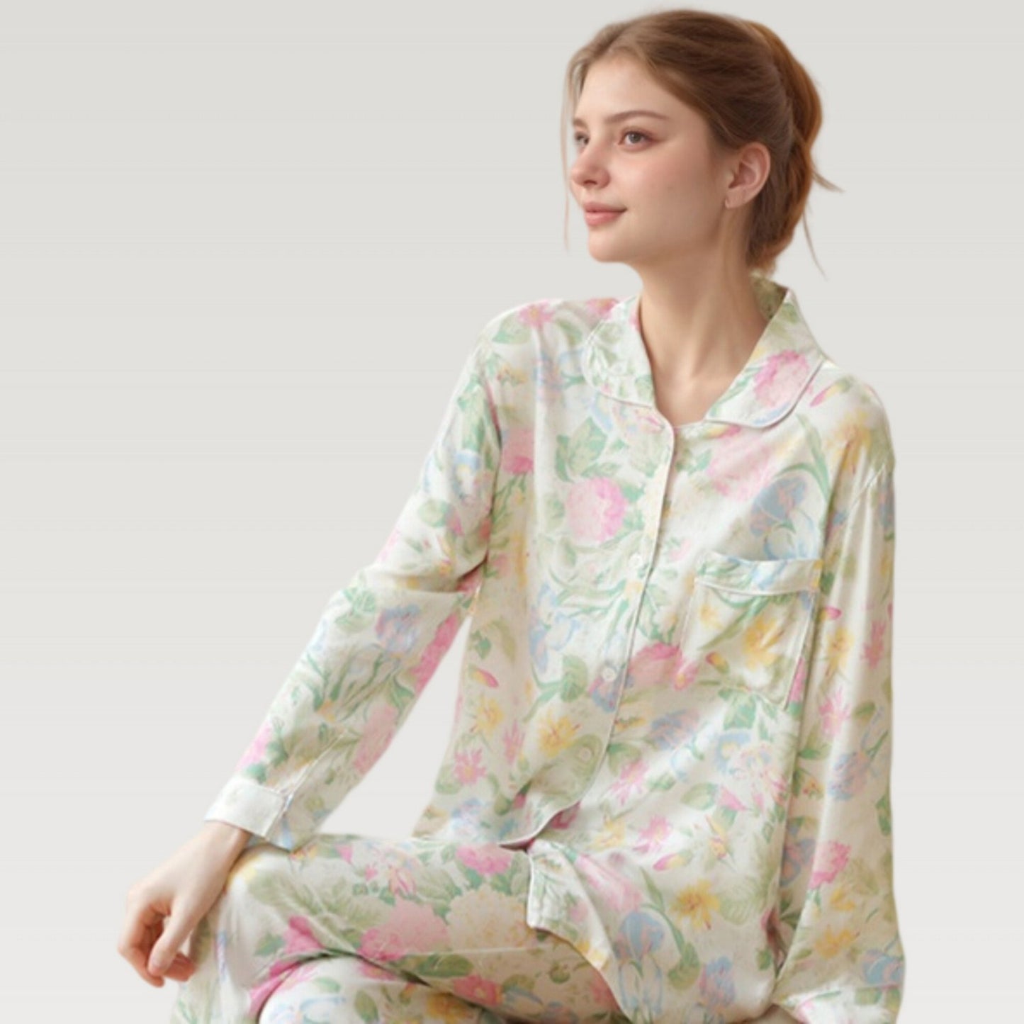 Anna-Kaci Lounge Women's Satin Floral Print Pajama Set with Long Sleeve Button Up Shirt and Matching Relaxed Fit Pants
