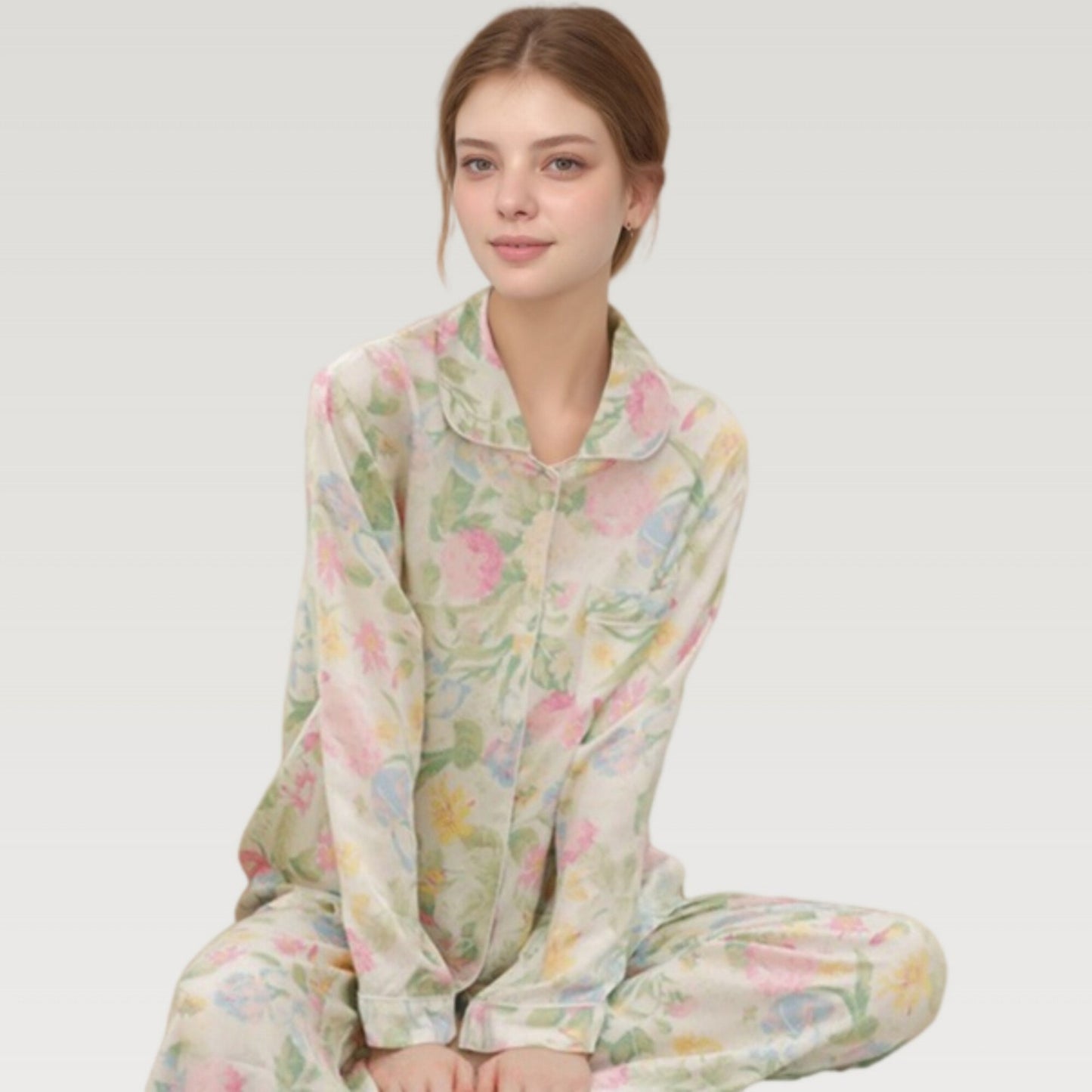 Anna-Kaci Lounge Women's Satin Floral Print Pajama Set with Long Sleeve Button Up Shirt and Matching Relaxed Fit Pants