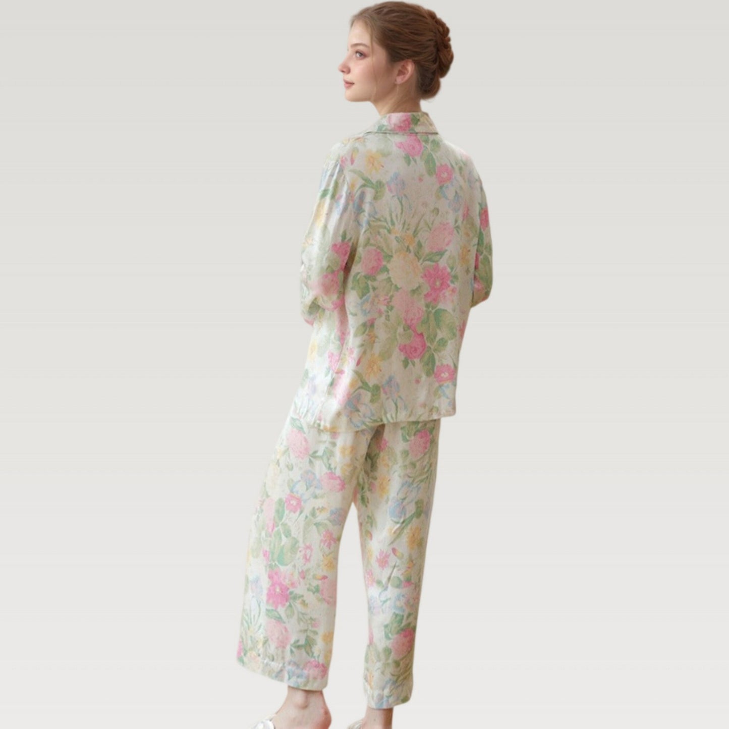 Anna-Kaci Lounge Women's Satin Floral Print Pajama Set with Long Sleeve Button Up Shirt and Matching Relaxed Fit Pants