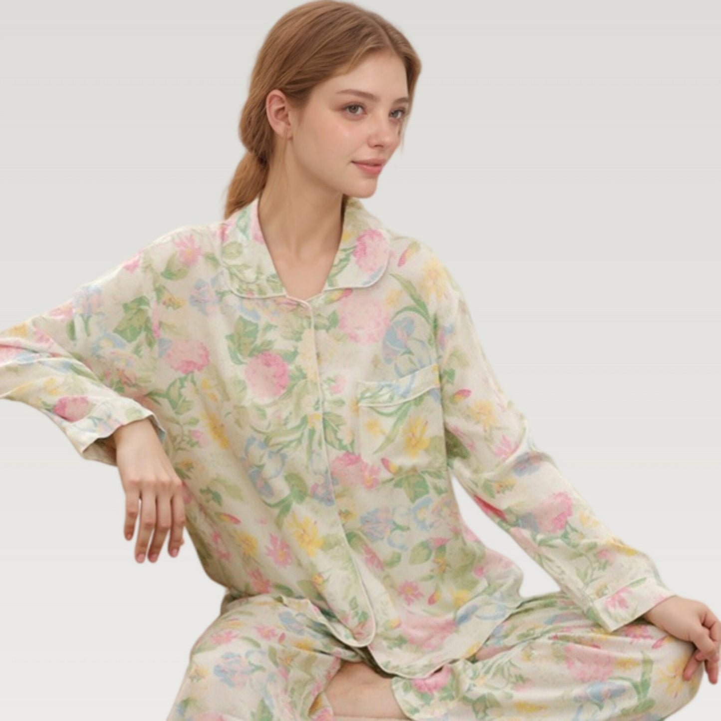 Anna-Kaci Lounge Women's Satin Floral Print Pajama Set with Long Sleeve Button Up Shirt and Matching Relaxed Fit Pants