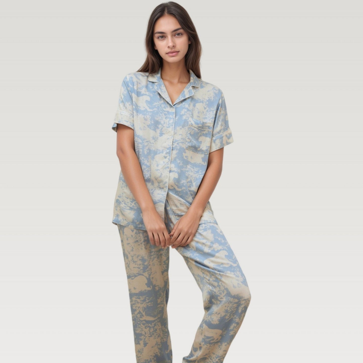 Anna-Kaci Lounge Women's Satin Pajama Set with Short Sleeve Button Up Top and Abstract Animal Print Relaxed Pants