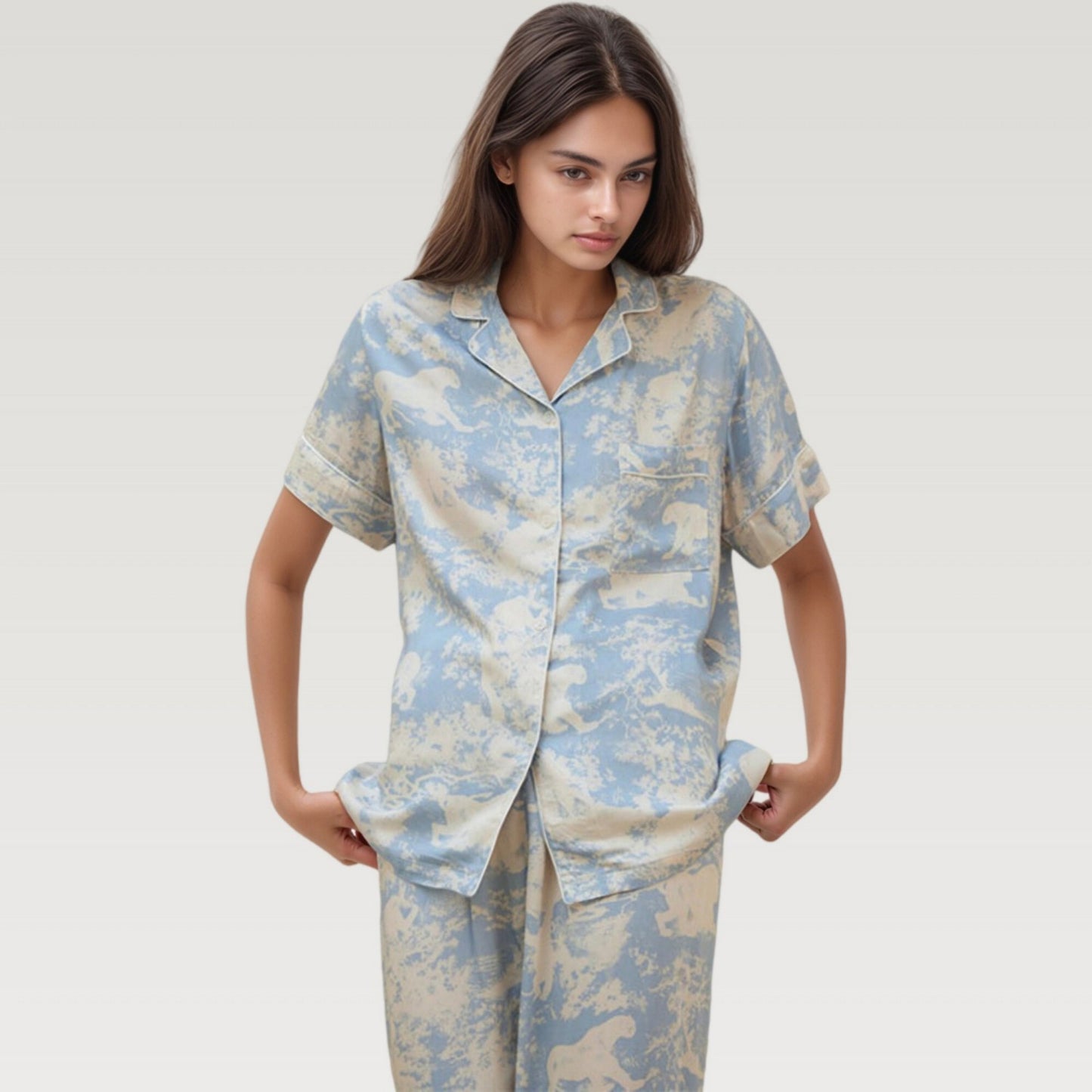 Anna-Kaci Lounge Women's Satin Pajama Set with Short Sleeve Button Up Top and Abstract Animal Print Relaxed Pants