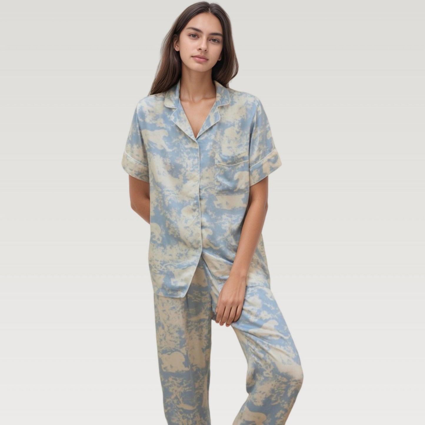 Anna-Kaci Lounge Women's Satin Pajama Set with Short Sleeve Button Up Top and Abstract Animal Print Relaxed Pants