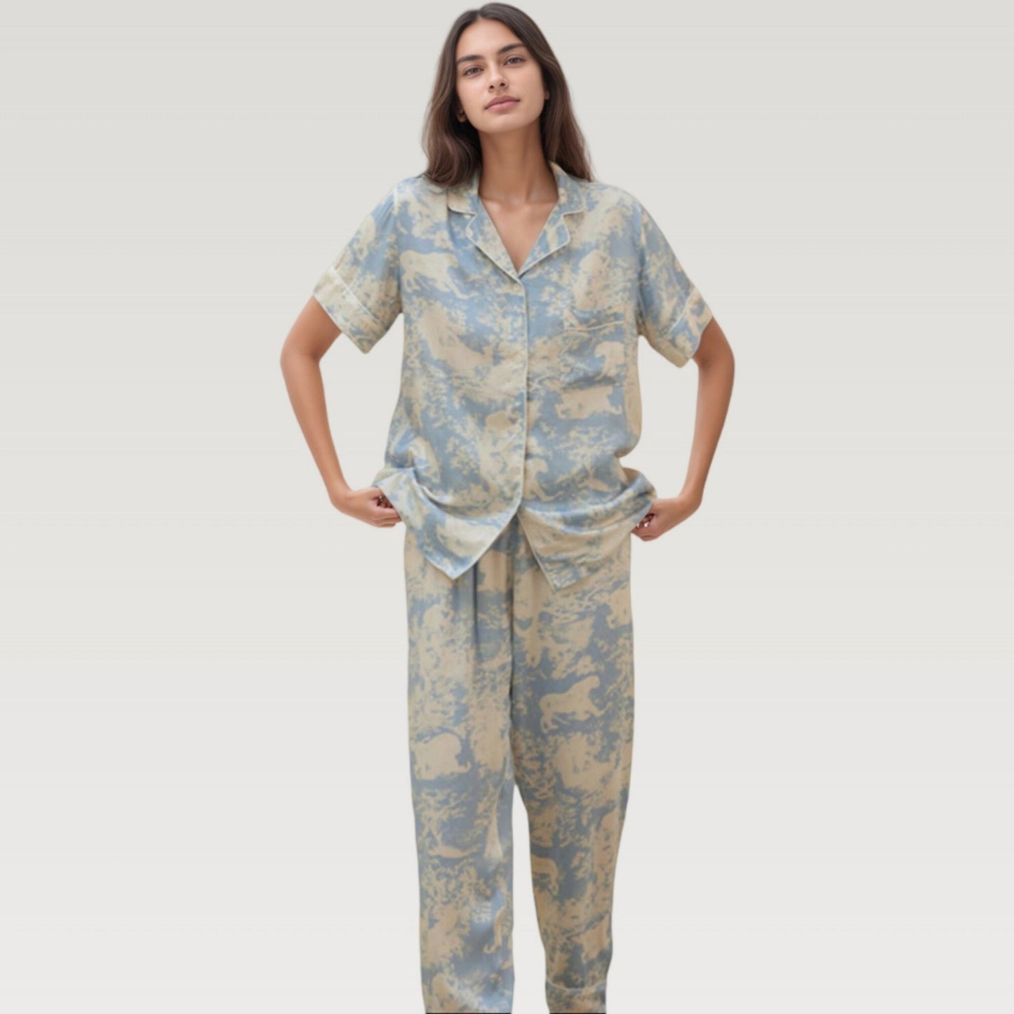 Anna-Kaci Lounge Women's Satin Pajama Set with Short Sleeve Button Up Top and Abstract Animal Print Relaxed Pants
