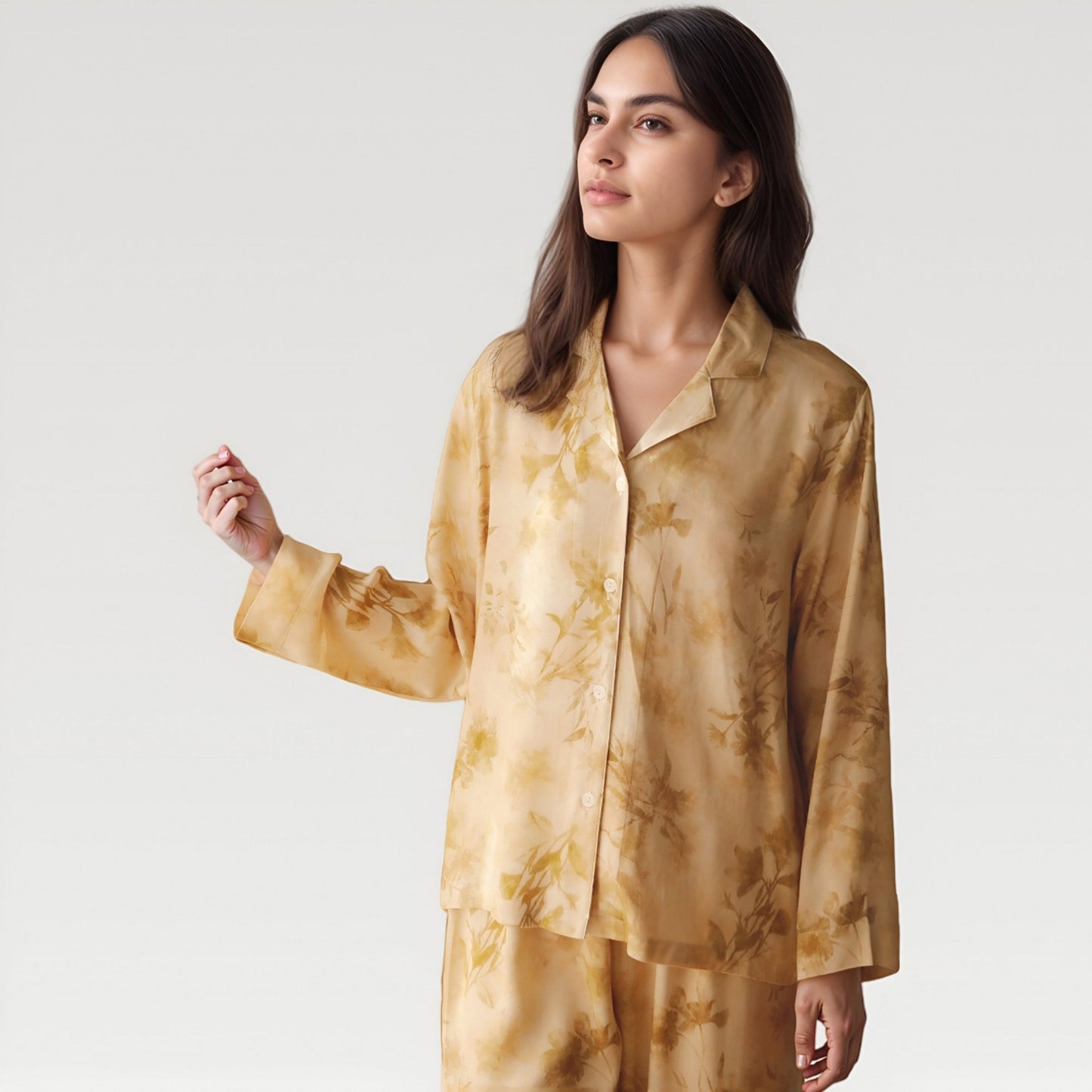 Anna-Kaci Lounge Women's Satin Pajama Set with Golden Botanical Print Long Sleeve Button Up Top and Relaxed Fit Pants
