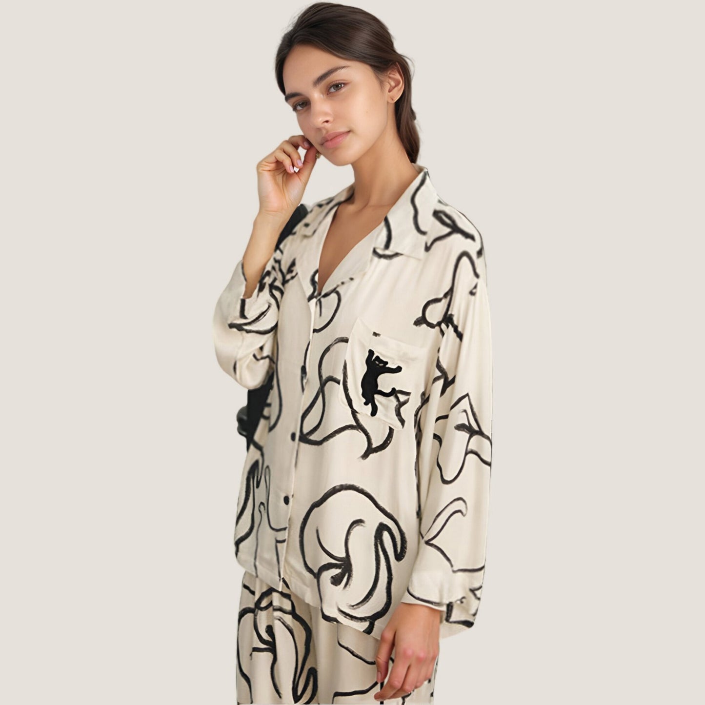 Anna-Kaci Lounge Women's Abstract Floral Woven Pajama Set with Long Sleeve Button Top and Wide Leg Pants