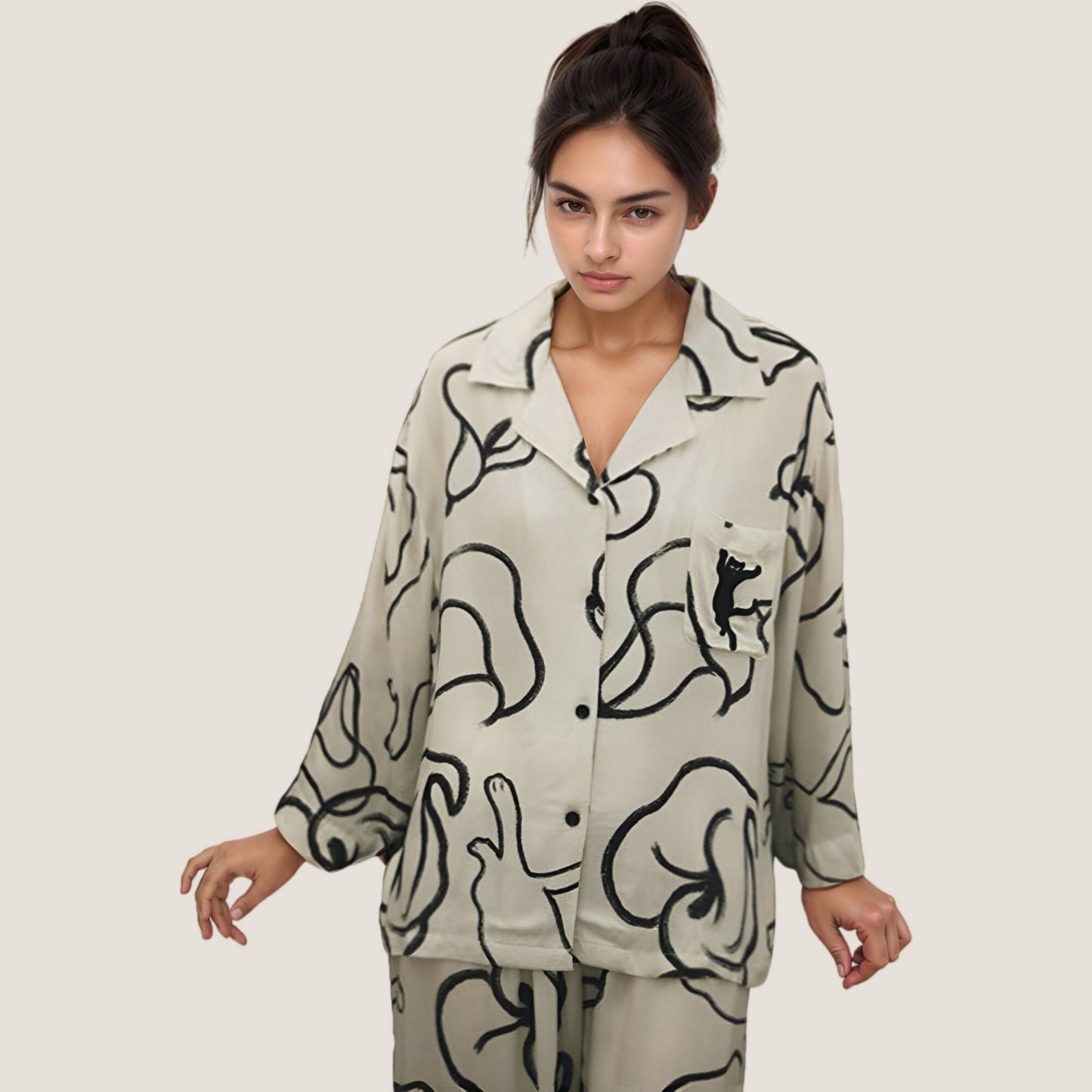Anna-Kaci Lounge Women's Abstract Floral Woven Pajama Set with Long Sleeve Button Top and Wide Leg Pants