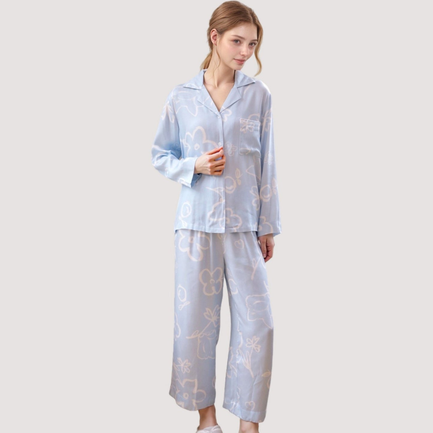 Anna-Kaci Lounge Women's Light Woven Pajama Set with Whimsical Floral Outline Print and Relaxed Button-Up Fit