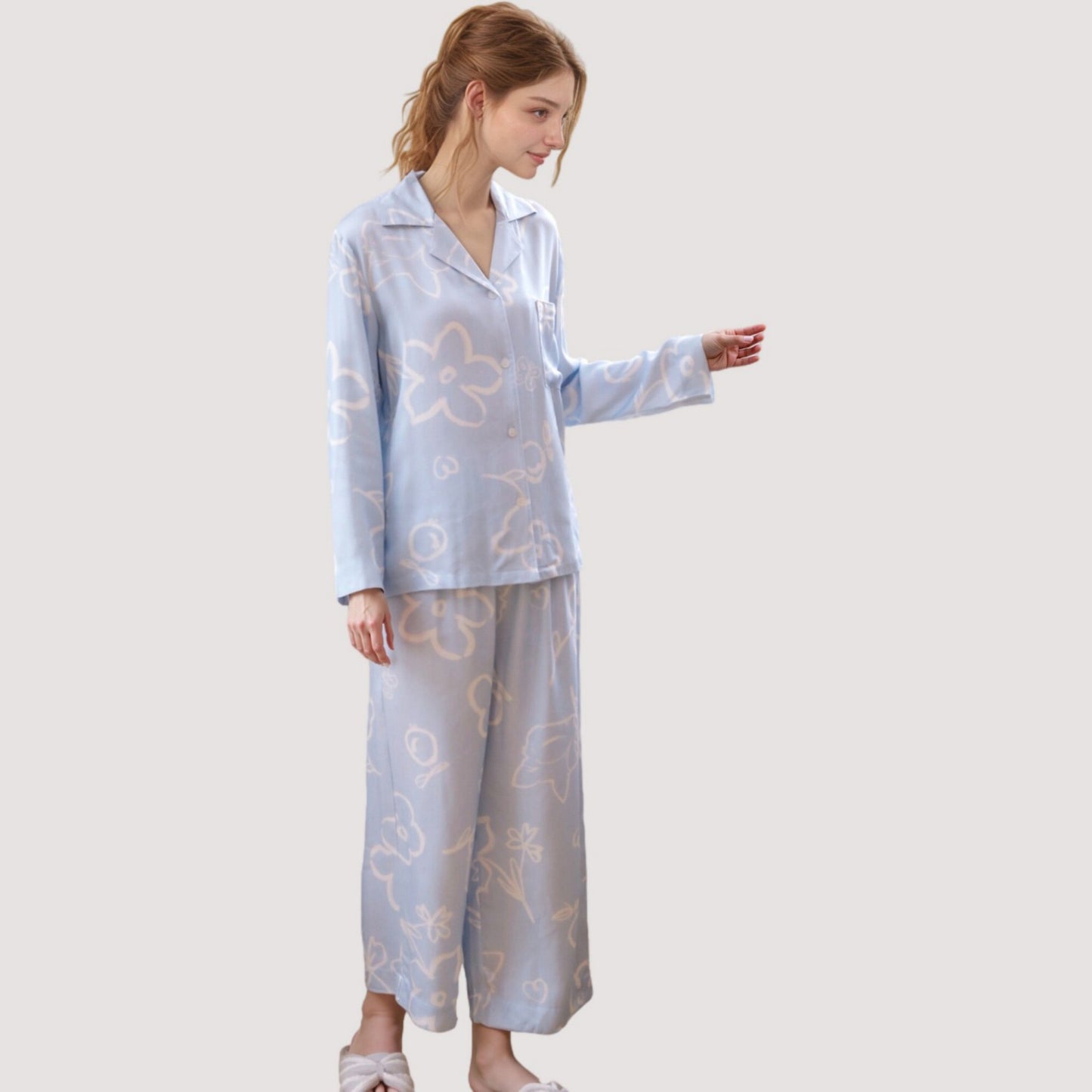 Anna-Kaci Lounge Women's Light Woven Pajama Set with Whimsical Floral Outline Print and Relaxed Button-Up Fit