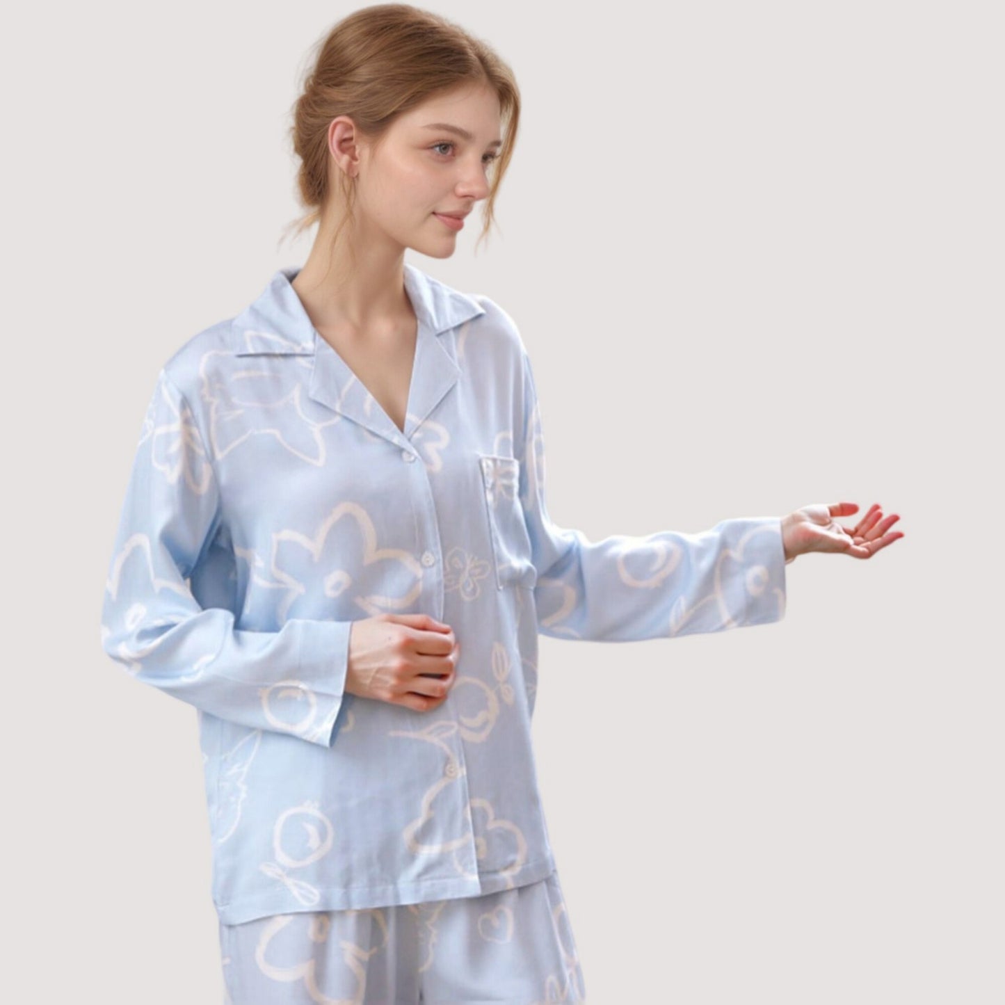 Anna-Kaci Lounge Women's Light Woven Pajama Set with Whimsical Floral Outline Print and Relaxed Button-Up Fit