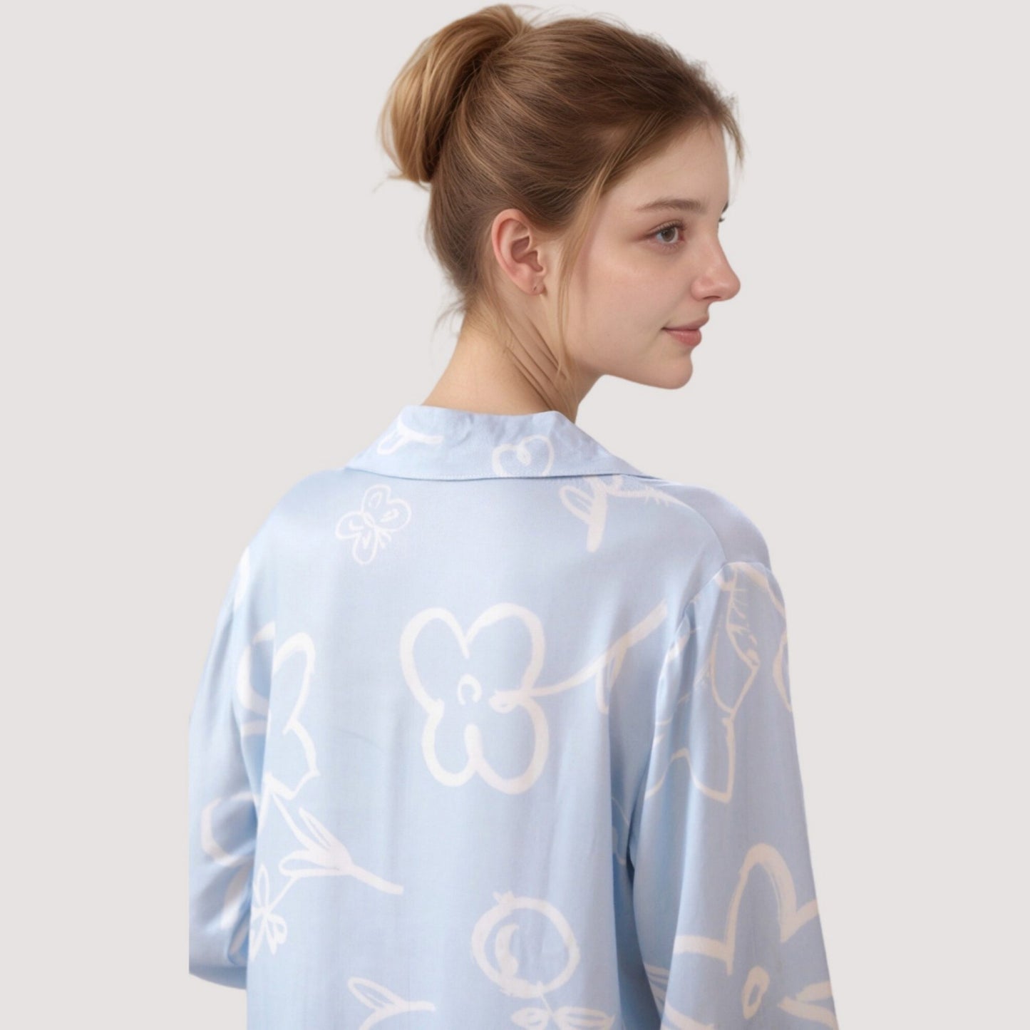 Anna-Kaci Lounge Women's Light Woven Pajama Set with Whimsical Floral Outline Print and Relaxed Button-Up Fit