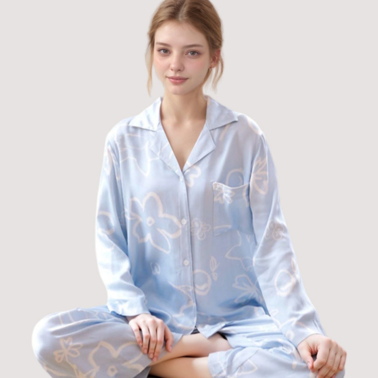 Anna-Kaci Lounge Women's Light Woven Pajama Set with Whimsical Floral Outline Print and Relaxed Button-Up Fit
