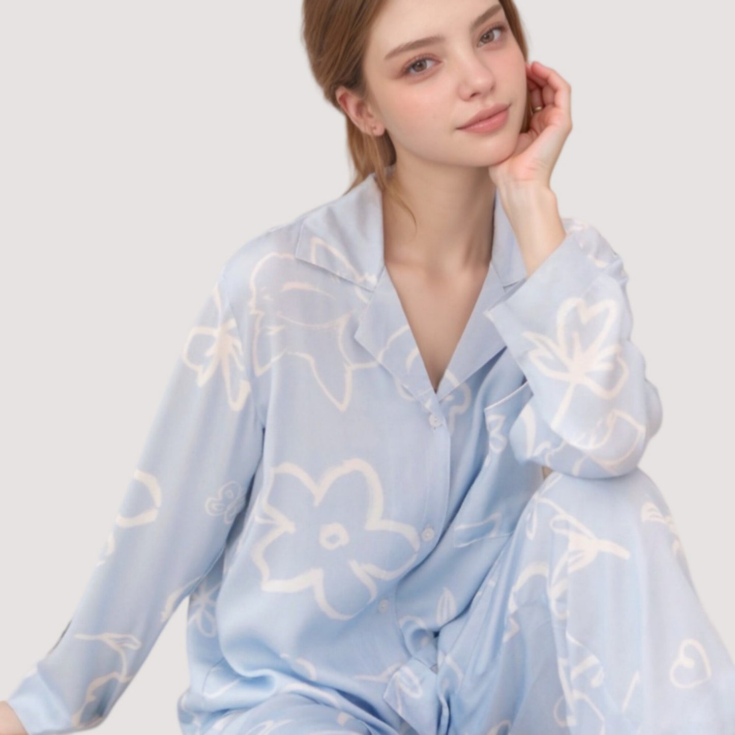 Anna-Kaci Lounge Women's Light Woven Pajama Set with Whimsical Floral Outline Print and Relaxed Button-Up Fit
