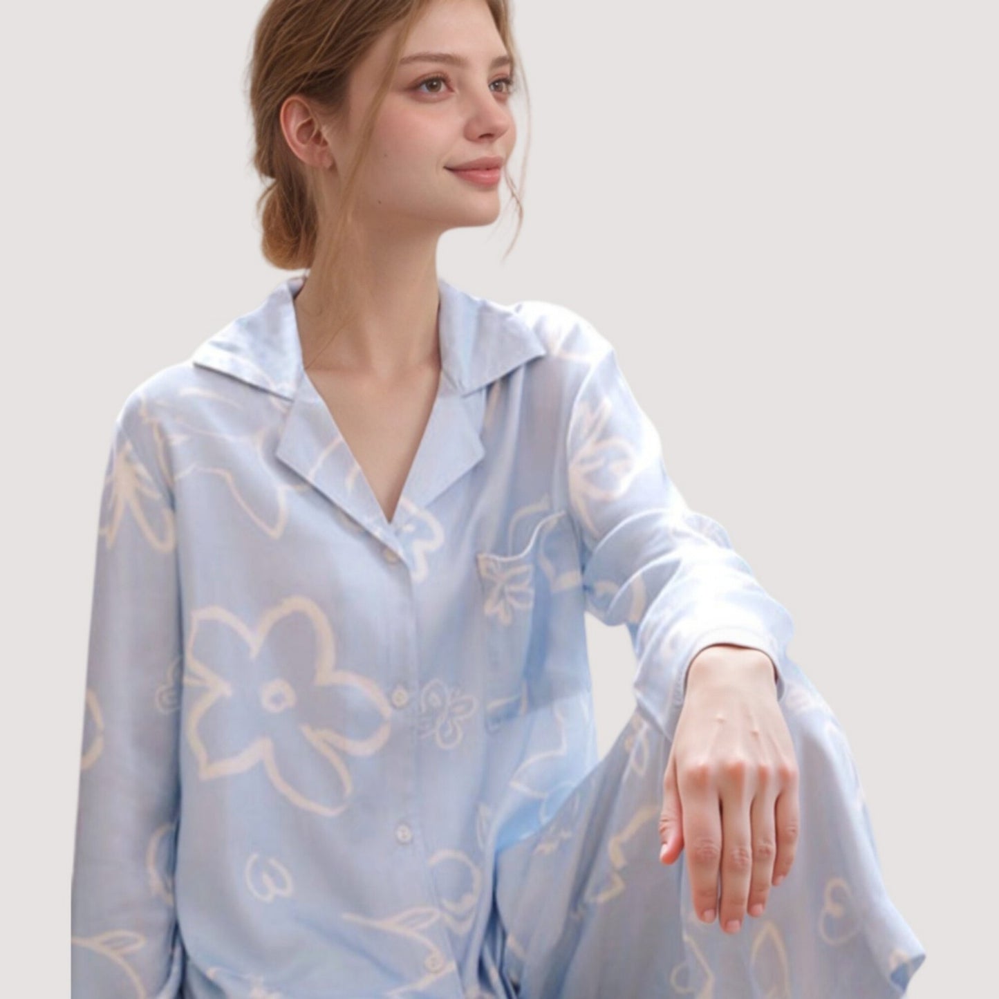 Anna-Kaci Lounge Women's Light Woven Pajama Set with Whimsical Floral Outline Print and Relaxed Button-Up Fit