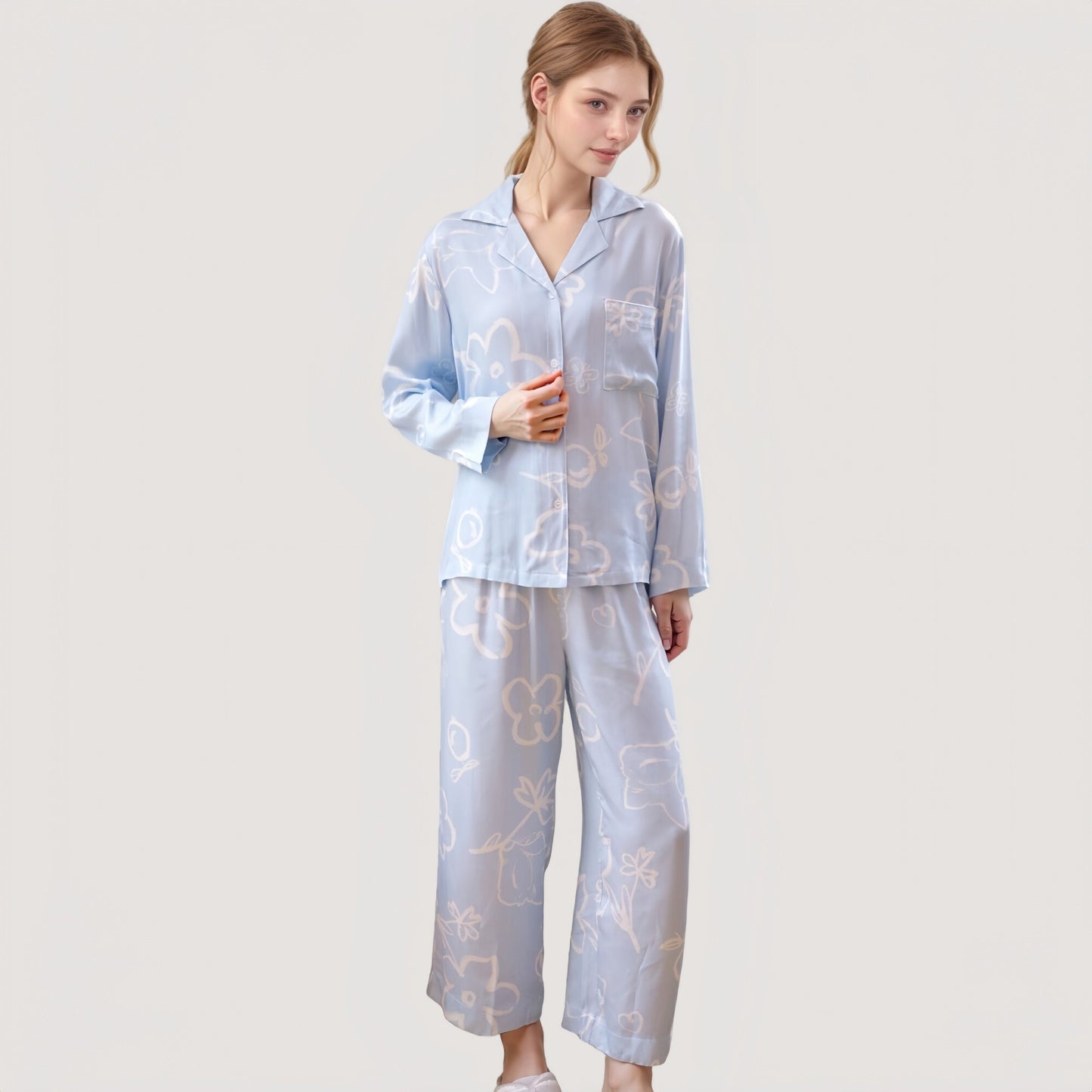 Anna-Kaci Lounge Women's Light Woven Pajama Set with Whimsical Floral Outline Print and Relaxed Button-Up Fit