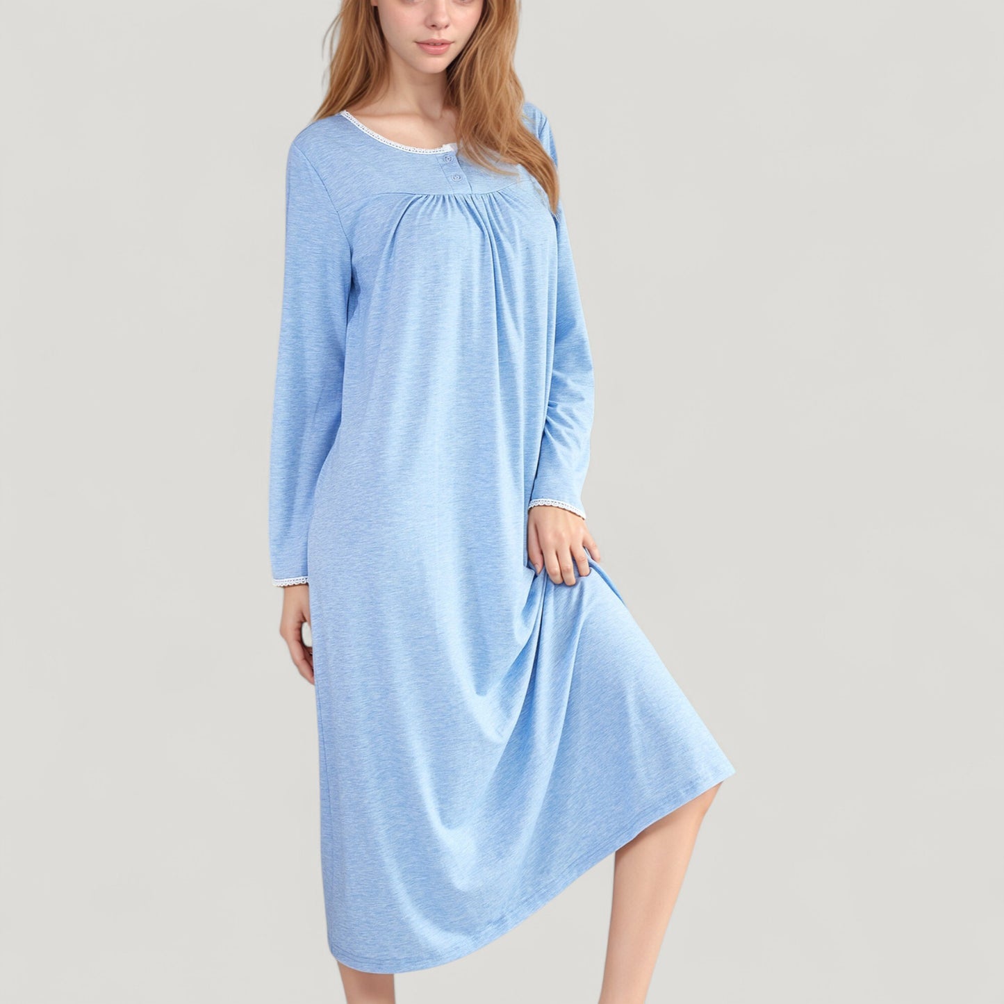 Anna-Kaci Lounge Women's Long Sleeve Pullover Nightgown with Lace Trim and Front Button Detail