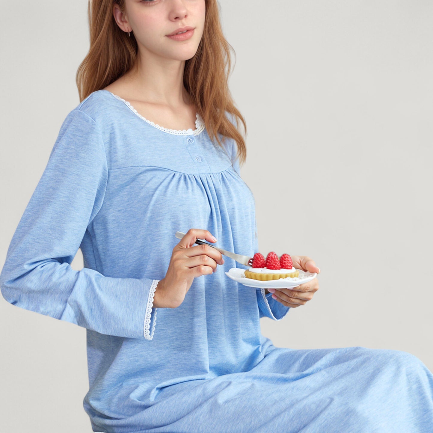 Anna-Kaci Lounge Women's Long Sleeve Pullover Nightgown with Lace Trim and Front Button Detail
