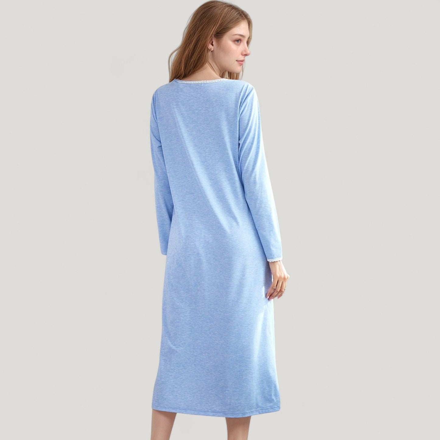 Anna-Kaci Lounge Women's Long Sleeve Pullover Nightgown with Lace Trim and Front Button Detail