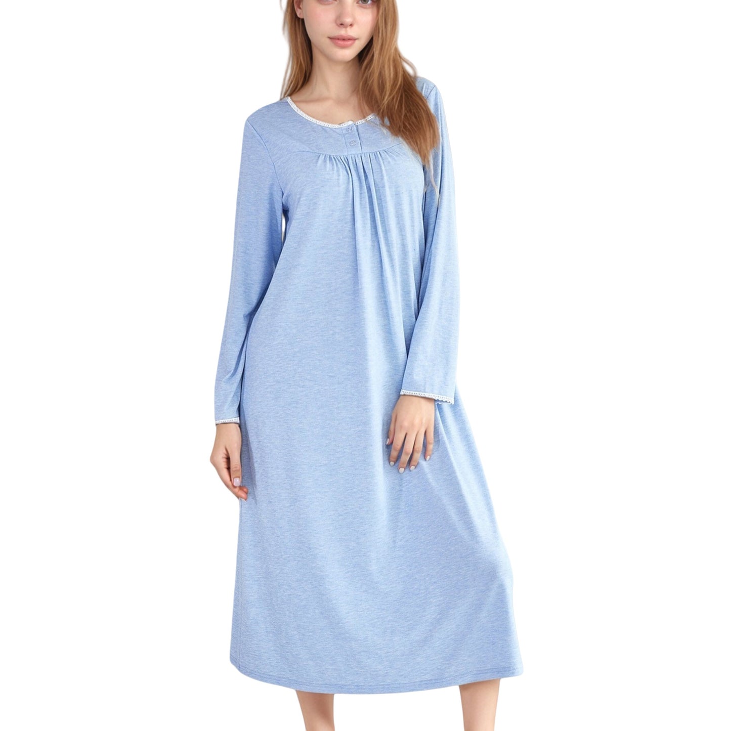 Anna-Kaci Lounge Women's Long Sleeve Pullover Nightgown with Lace Trim and Front Button Detail