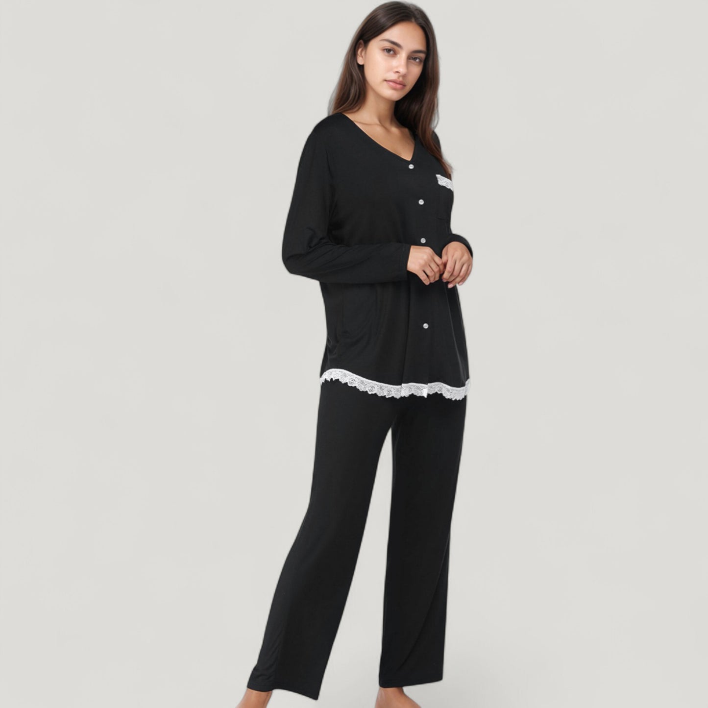 Anna-Kaci Lounge Women's Lace Trim Button Down Long Sleeve Top and Lounge Pants Two Piece Pajama Set