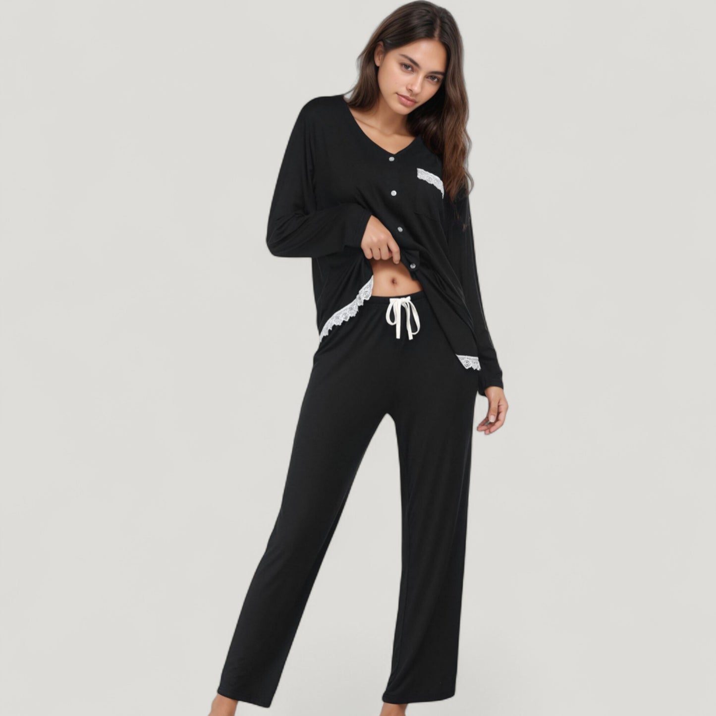 Anna-Kaci Lounge Women's Lace Trim Button Down Long Sleeve Top and Lounge Pants Two Piece Pajama Set