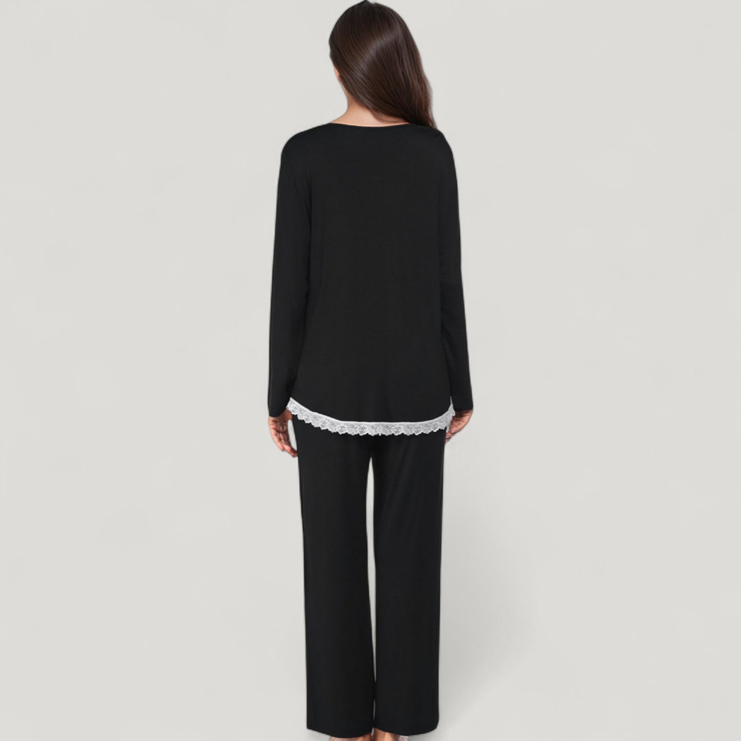 Anna-Kaci Lounge Women's Lace Trim Button Down Long Sleeve Top and Lounge Pants Two Piece Pajama Set