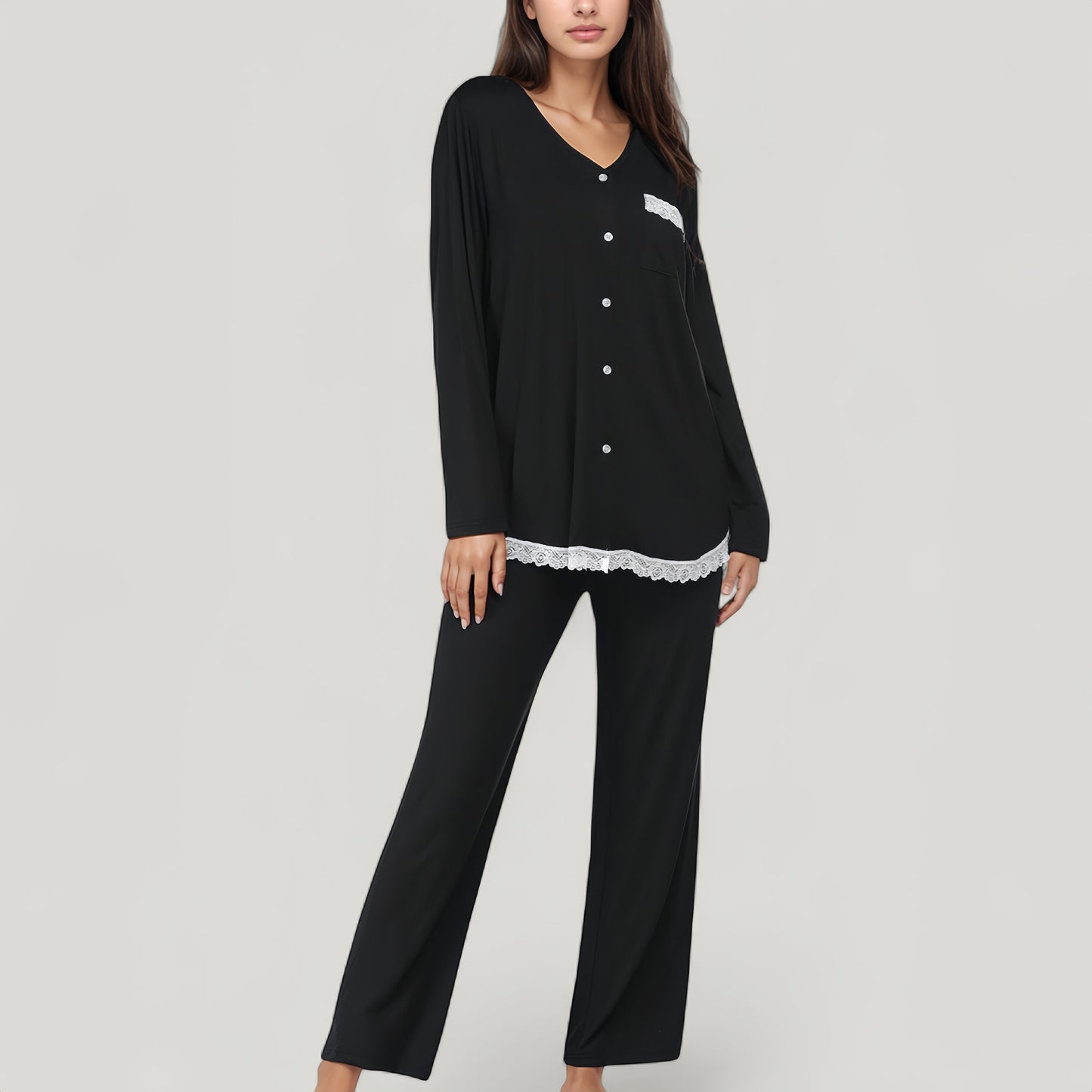 Anna-Kaci Lounge Women's Lace Trim Button Down Long Sleeve Top and Lounge Pants Two Piece Pajama Set