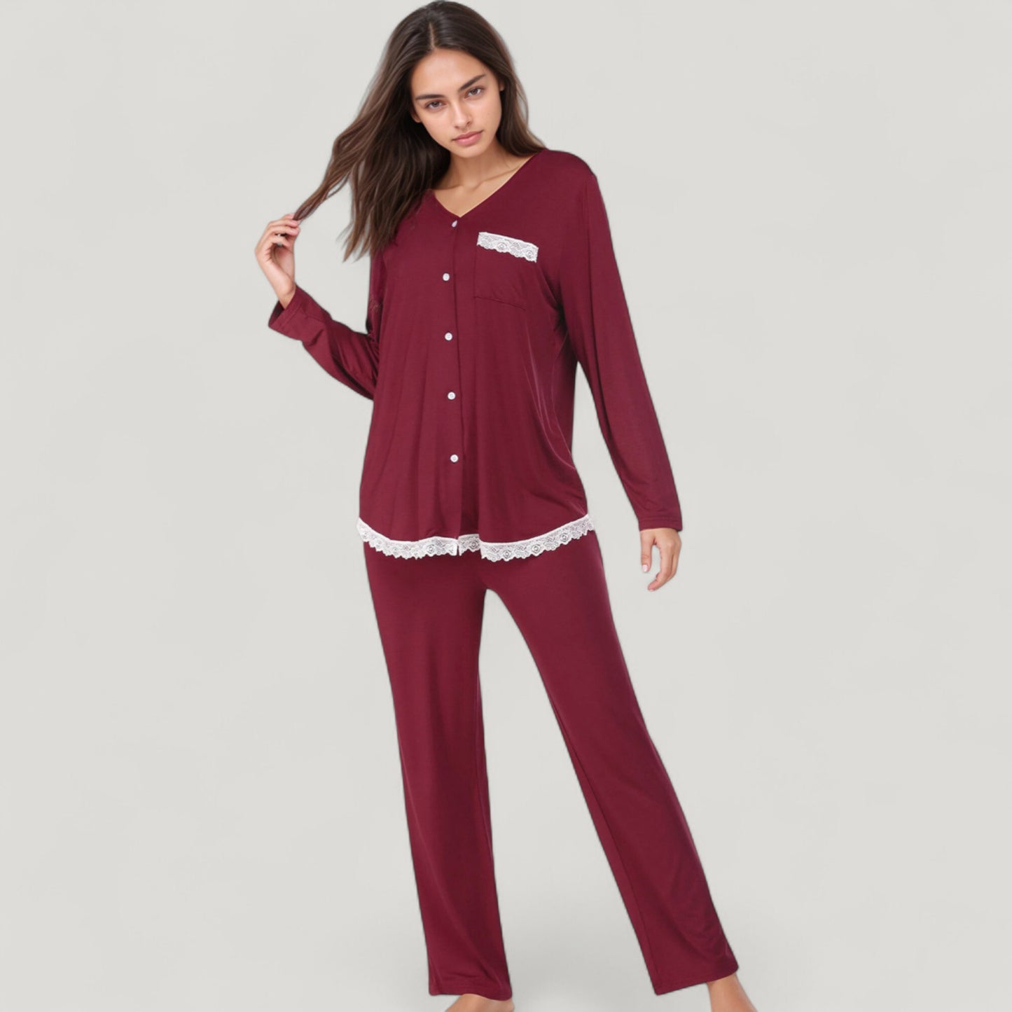 Anna-Kaci Lounge Women's Lace Trim Button Down Long Sleeve Top and Lounge Pants Two Piece Pajama Set