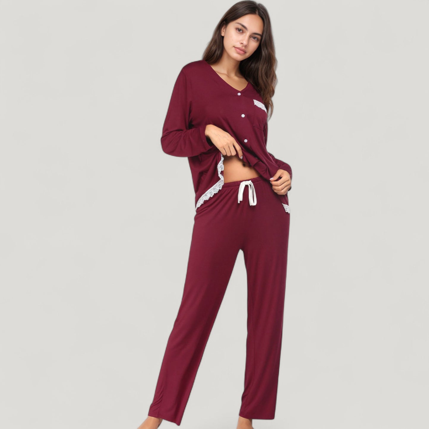 Anna-Kaci Lounge Women's Lace Trim Button Down Long Sleeve Top and Lounge Pants Two Piece Pajama Set