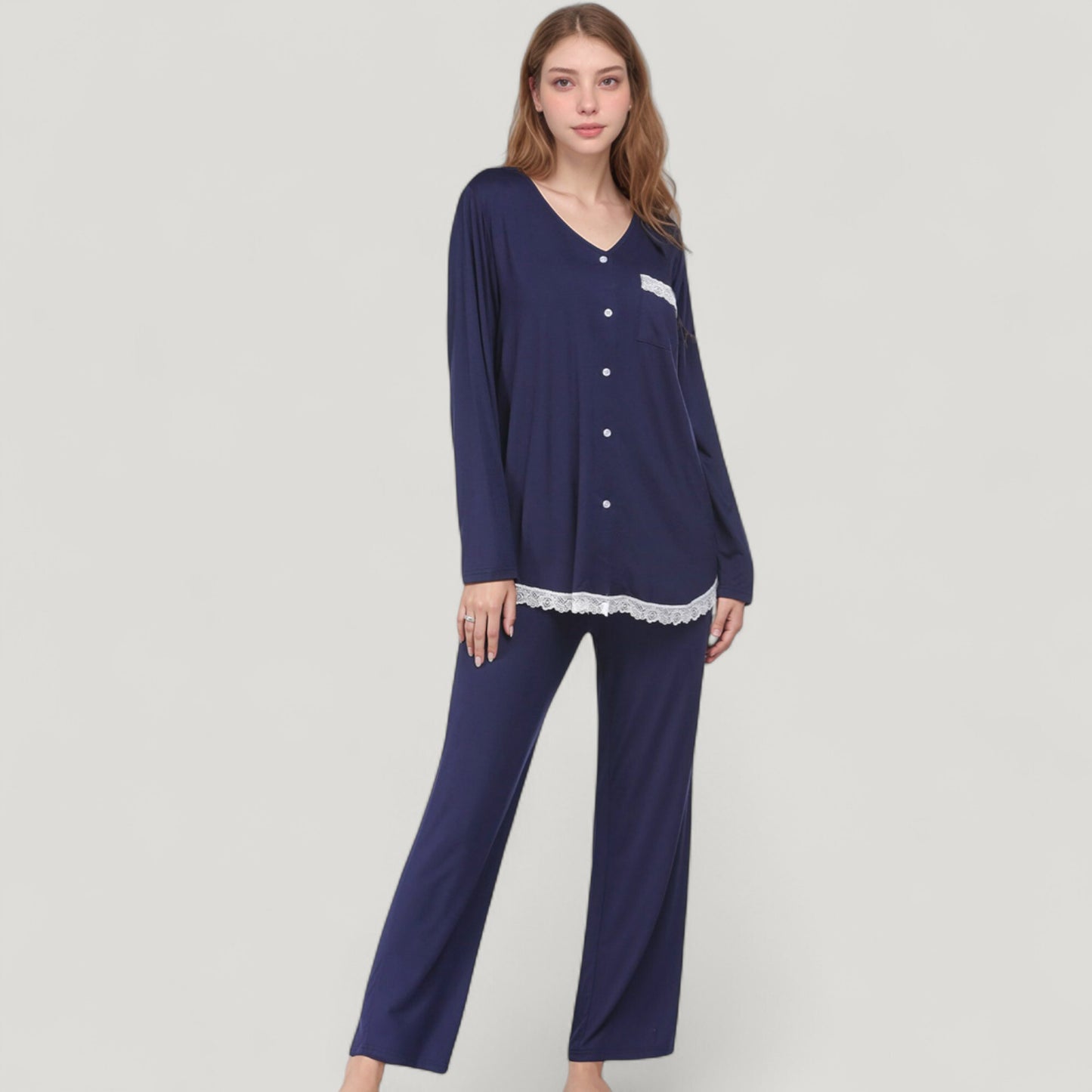 Anna-Kaci Lounge Women's Lace Trim Button Down Long Sleeve Top and Lounge Pants Two Piece Pajama Set