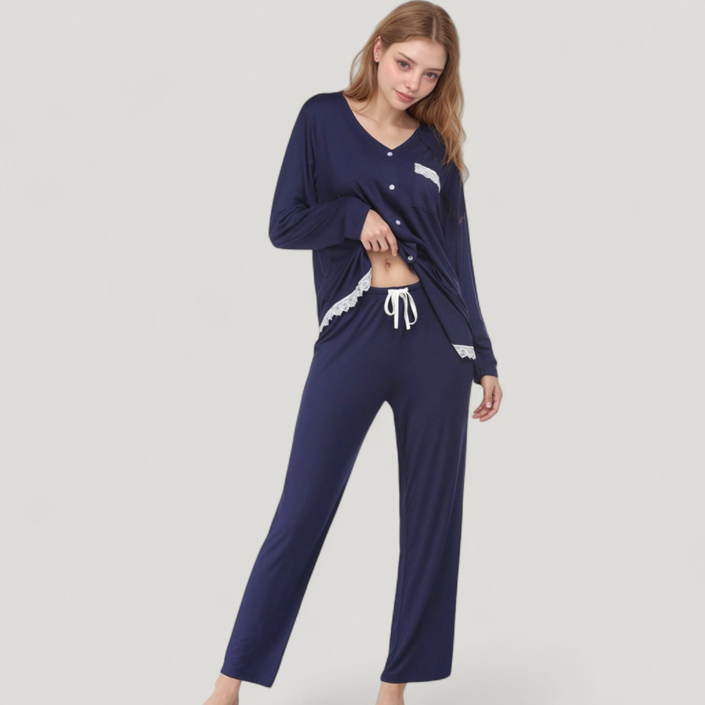Anna-Kaci Lounge Women's Lace Trim Button Down Long Sleeve Top and Lounge Pants Two Piece Pajama Set