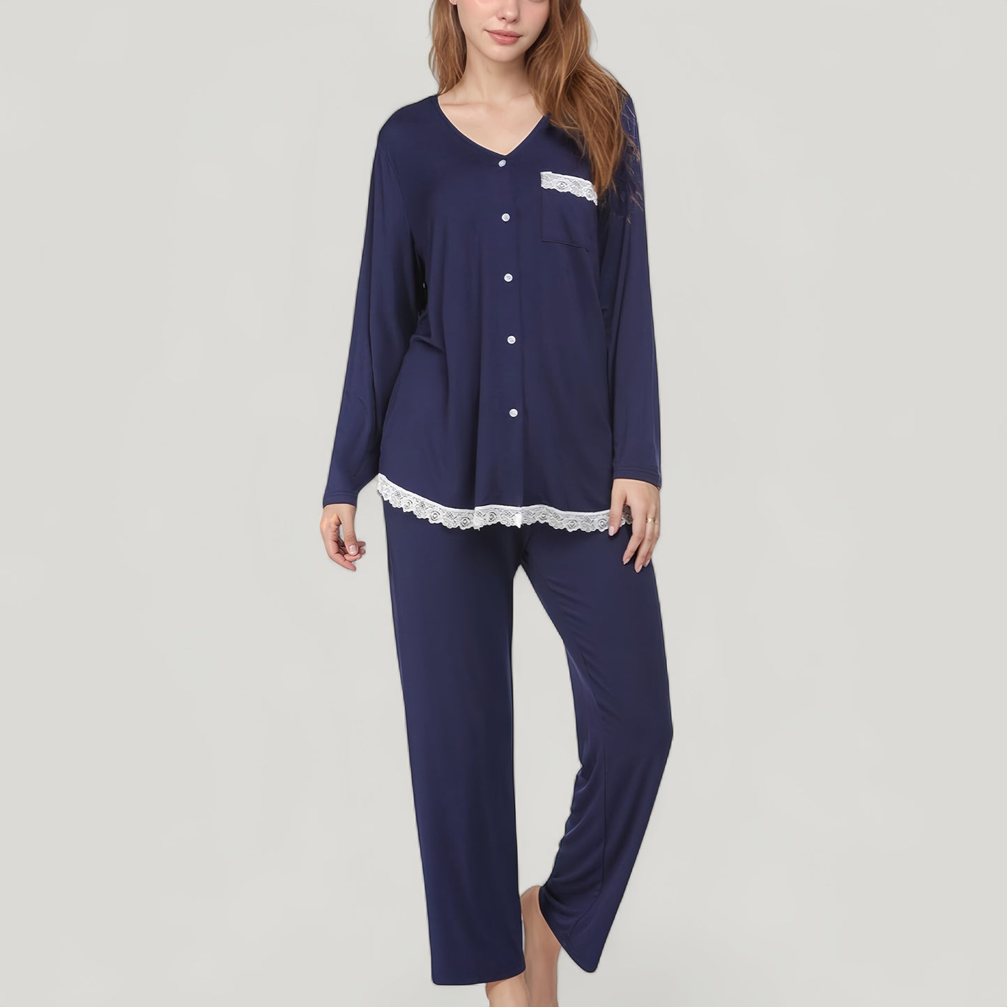 Anna-Kaci Lounge Women's Lace Trim Button Down Long Sleeve Top and Lounge Pants Two Piece Pajama Set