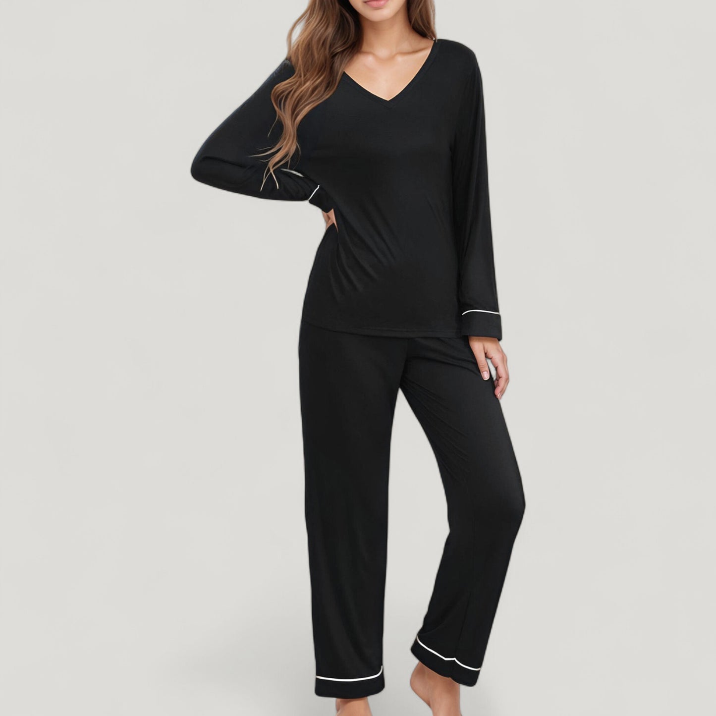 Anna-Kaci Lounge Women's Contrast Trim Long Sleeve V-Neck Pajama Top and Lounge Pants Two Piece Sleepwear Set