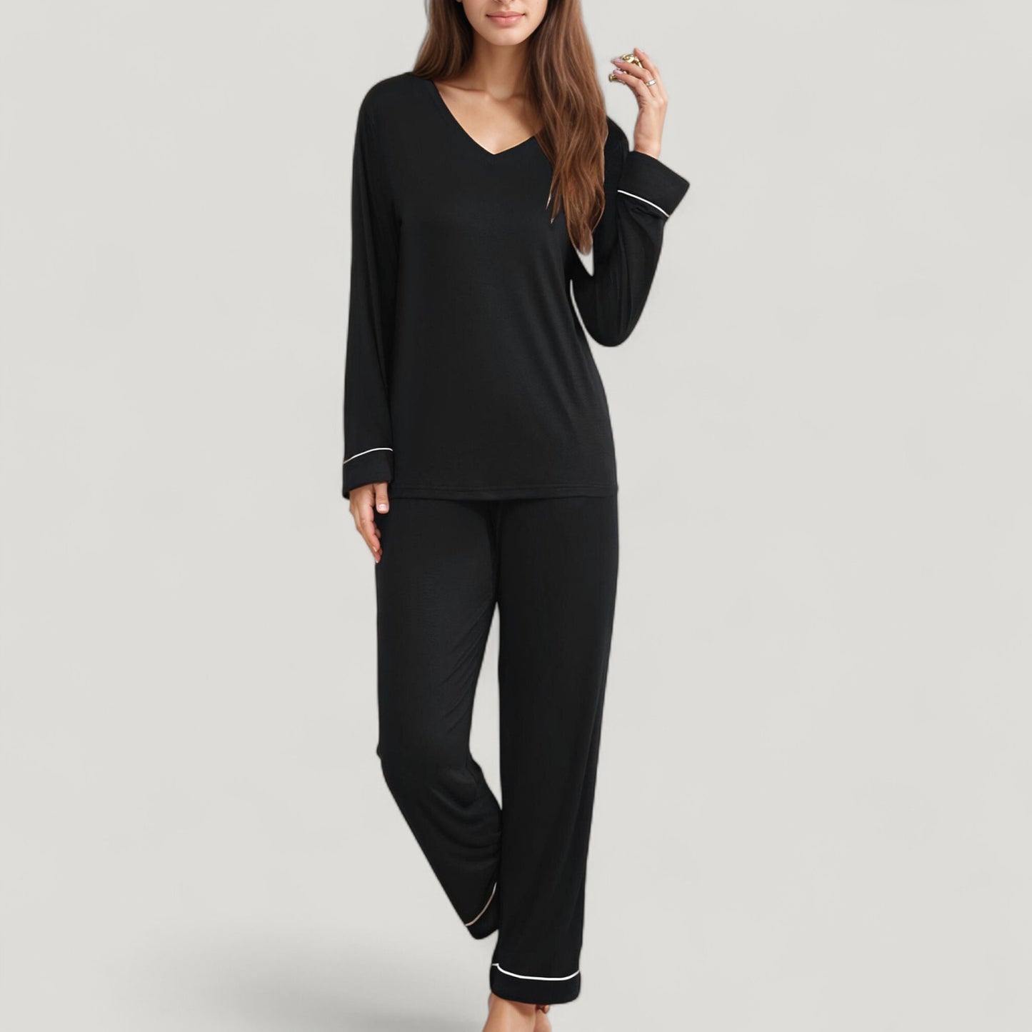 Anna-Kaci Lounge Women's Contrast Trim Long Sleeve V-Neck Pajama Top and Lounge Pants Two Piece Sleepwear Set