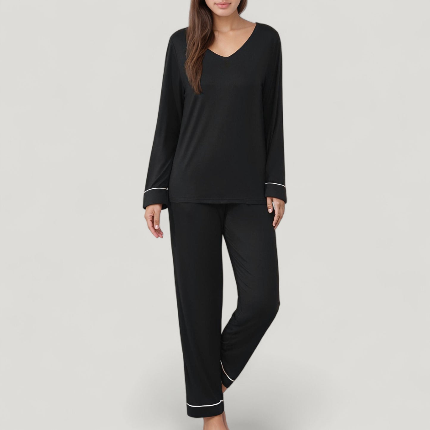 Anna-Kaci Lounge Women's Contrast Trim Long Sleeve V-Neck Pajama Top and Lounge Pants Two Piece Sleepwear Set