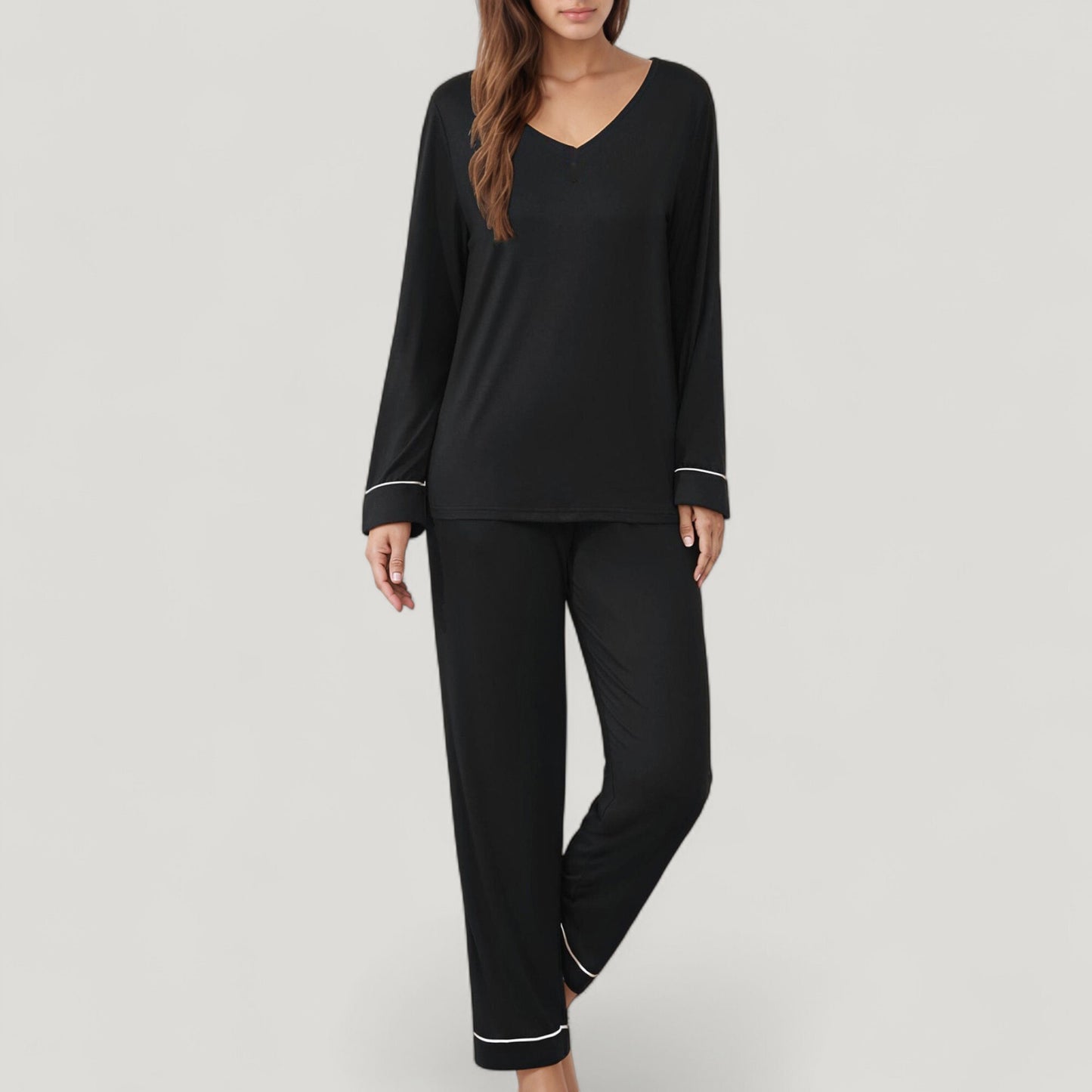 Anna-Kaci Lounge Women's Contrast Trim Long Sleeve V-Neck Pajama Top and Lounge Pants Two Piece Sleepwear Set