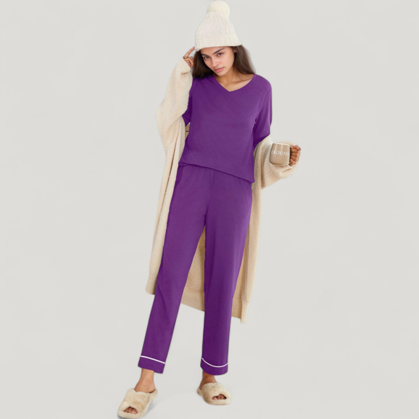 Anna-Kaci Lounge Women's Contrast Trim Long Sleeve V-Neck Pajama Top and Lounge Pants Two Piece Sleepwear Set