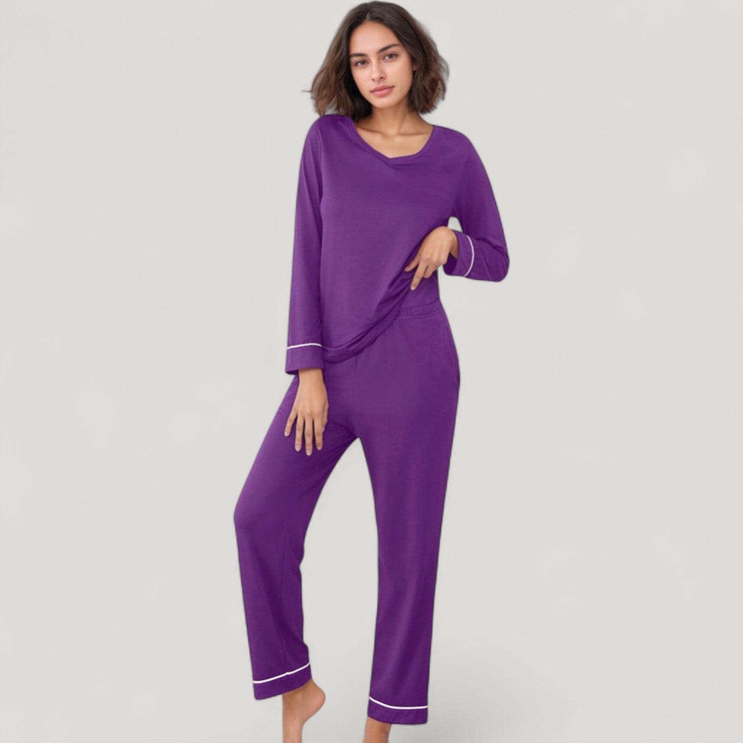 Anna-Kaci Lounge Women's Contrast Trim Long Sleeve V-Neck Pajama Top and Lounge Pants Two Piece Sleepwear Set
