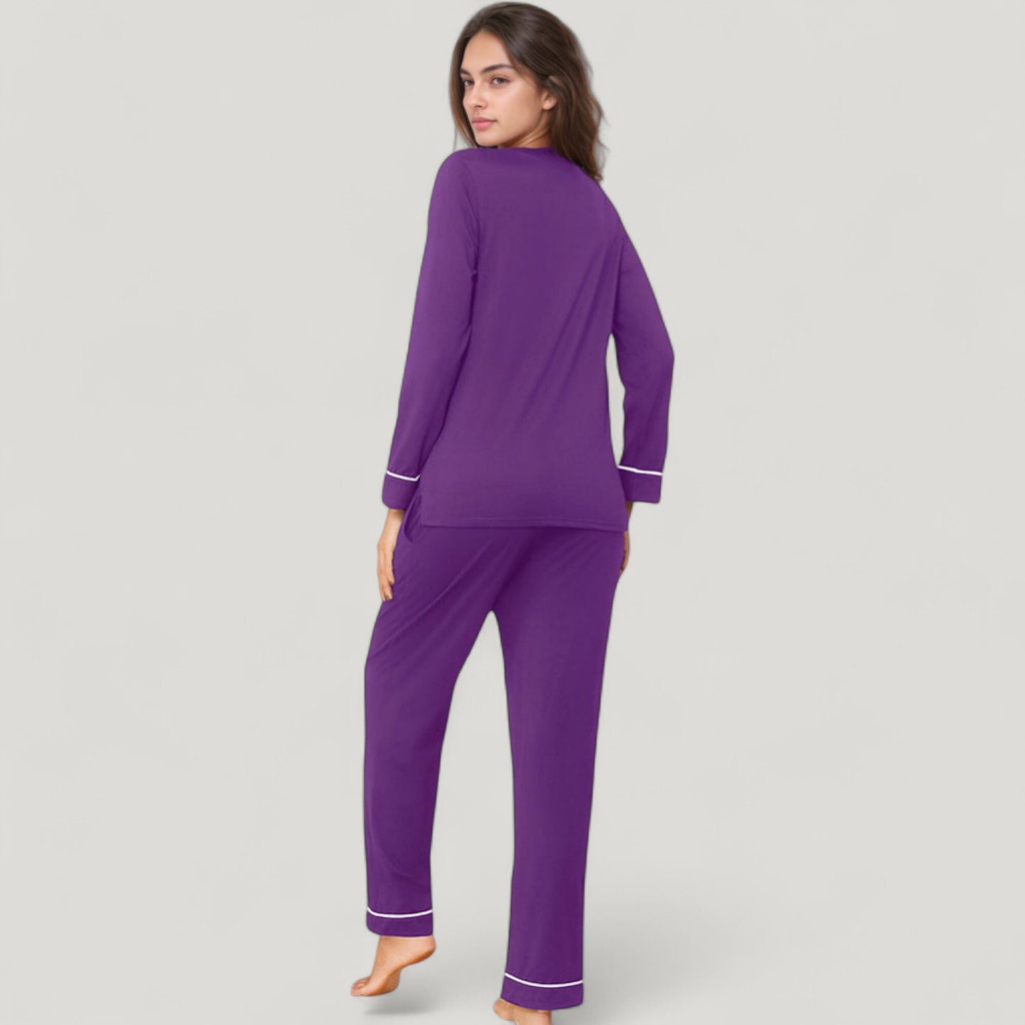Anna-Kaci Lounge Women's Contrast Trim Long Sleeve V-Neck Pajama Top and Lounge Pants Two Piece Sleepwear Set