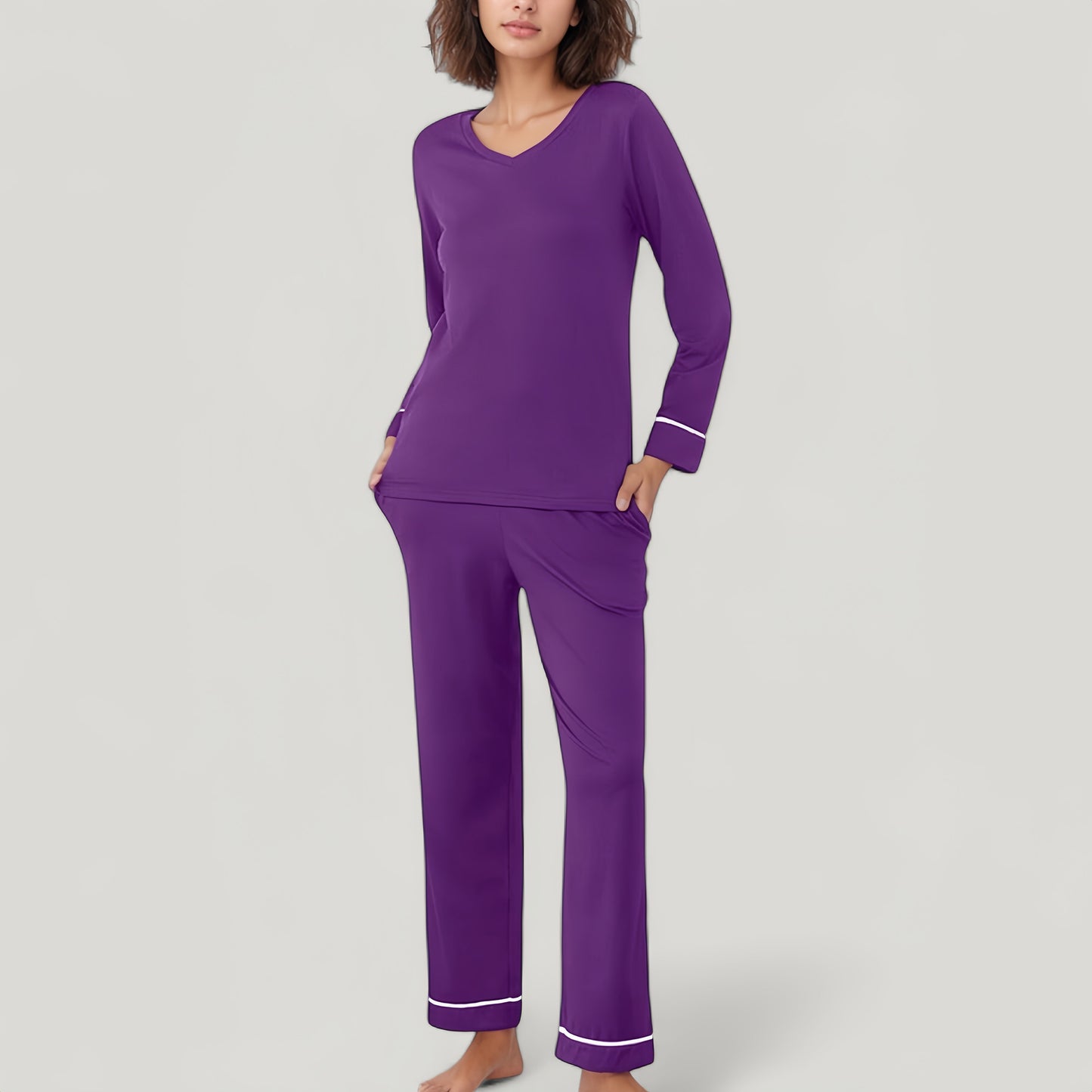 Anna-Kaci Lounge Women's Contrast Trim Long Sleeve V-Neck Pajama Top and Lounge Pants Two Piece Sleepwear Set