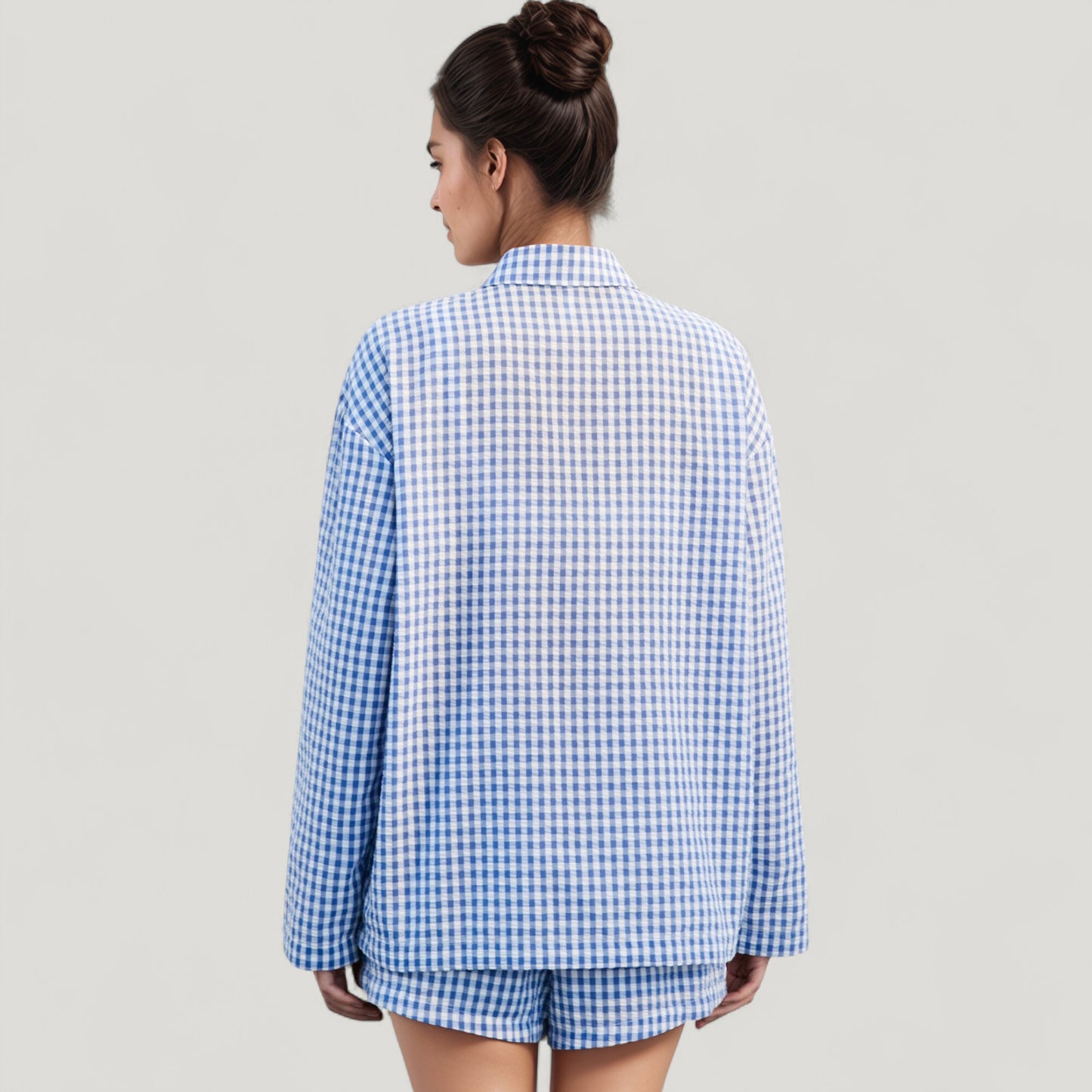 Anna-Kaci Lounge Women's Gingham Woven Button-Up Long Sleeve Shirt and Matching Relaxed Fit Shorts Pajama Set