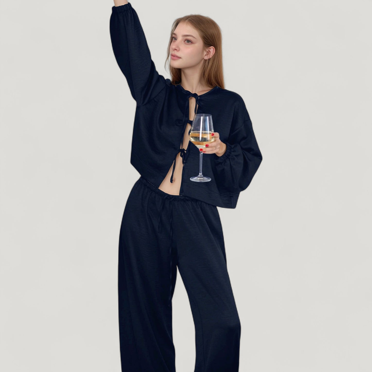 Anna-Kaci Lounge Women's Satin Look Pajama Set with Tie Front Balloon Sleeve Top and Wide Leg Relaxed Fit Pants