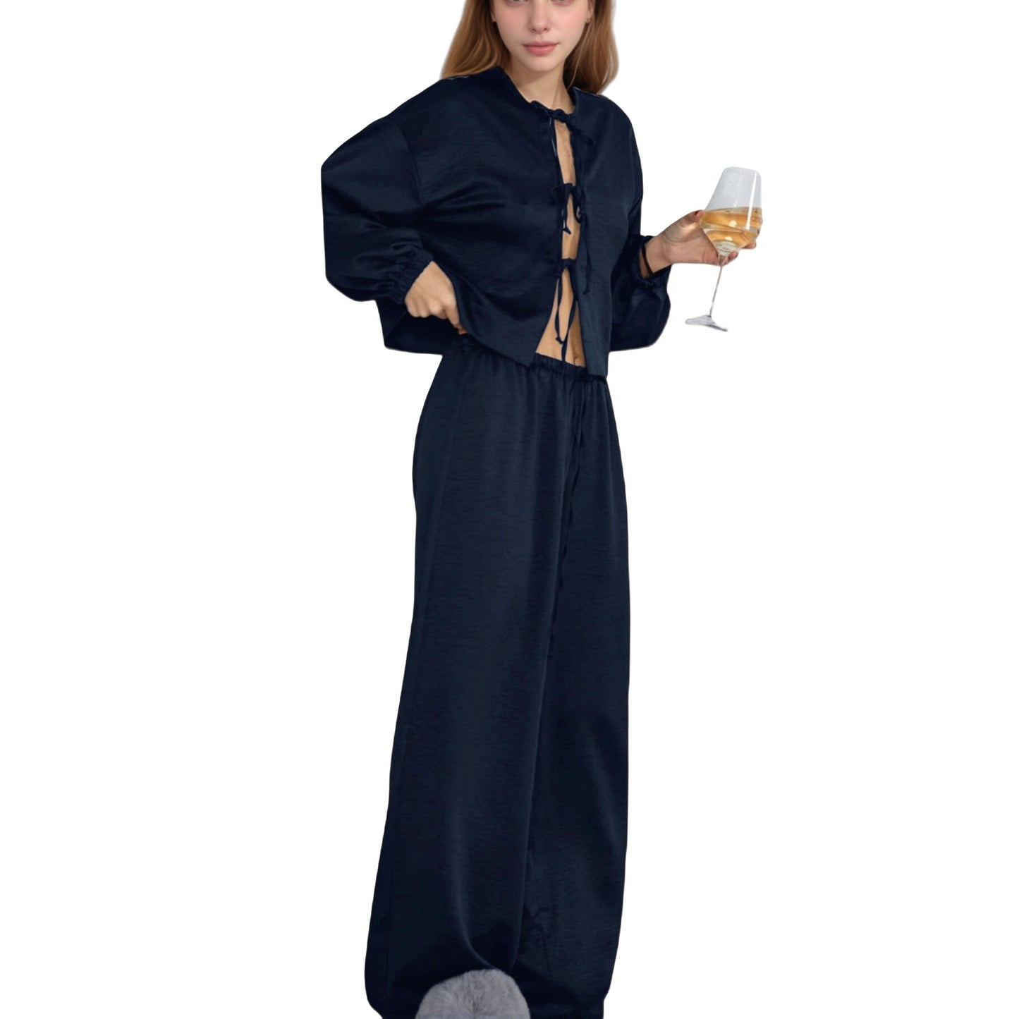 Anna-Kaci Lounge Women's Satin Look Pajama Set with Tie Front Balloon Sleeve Top and Wide Leg Relaxed Fit Pants