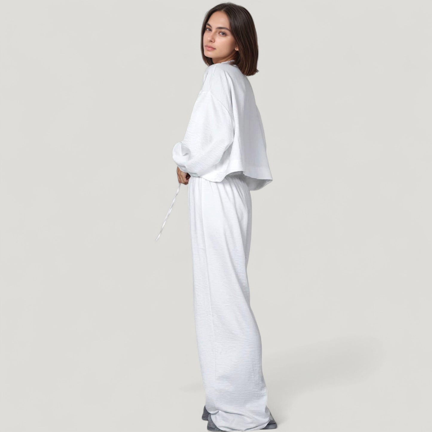 Anna-Kaci Lounge Women's Satin Look Pajama Set with Tie Front Balloon Sleeve Top and Wide Leg Relaxed Fit Pants