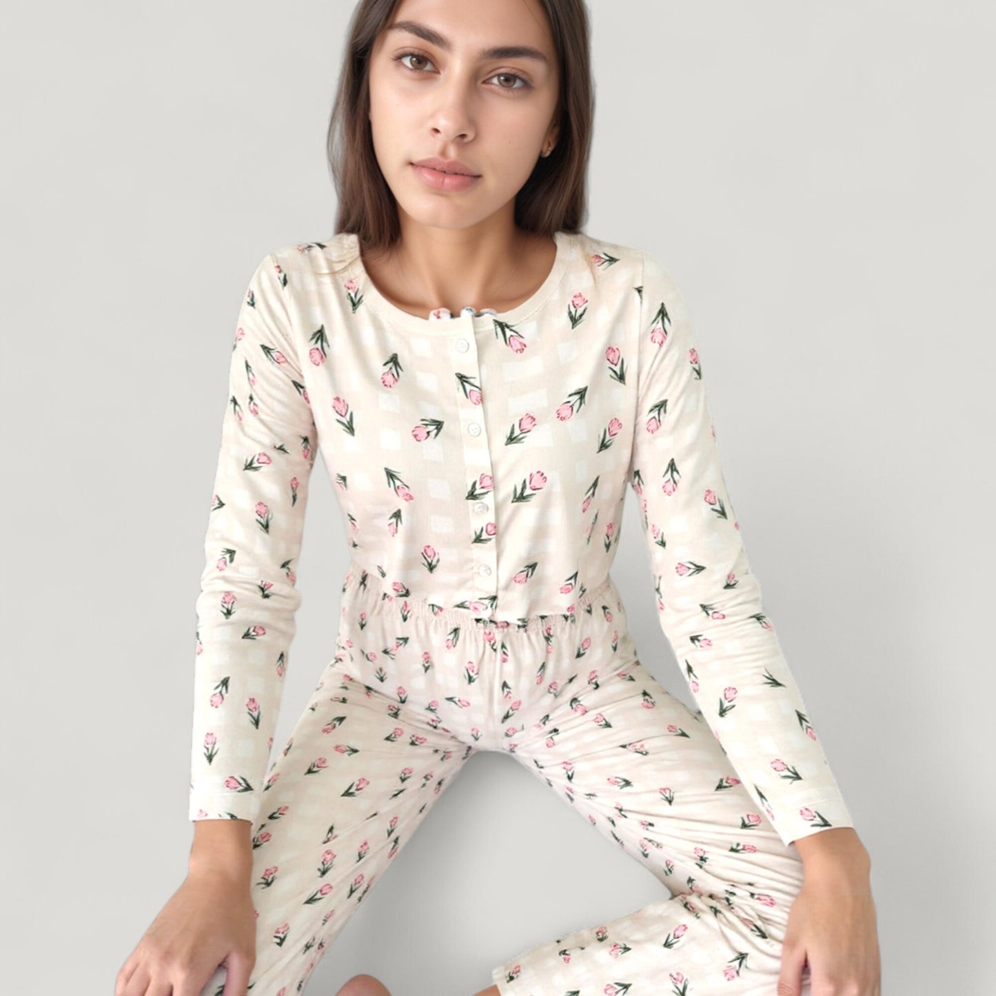Anna-Kaci Lounge Women's Floral Print Pajama Set with Cropped Button Front Long Sleeve Top and Elastic Waist Wide Leg Pants