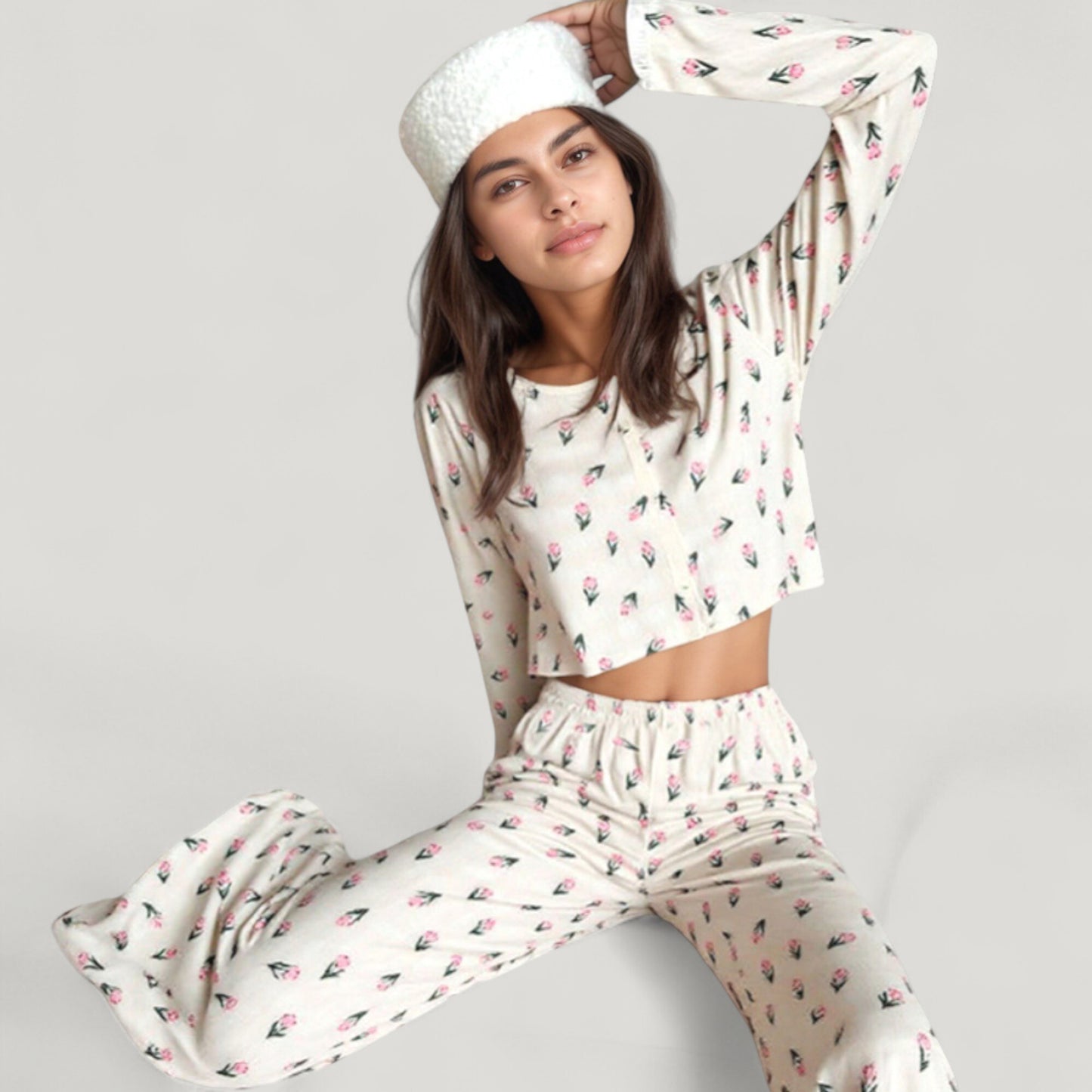 Anna-Kaci Lounge Women's Floral Print Pajama Set with Cropped Button Front Long Sleeve Top and Elastic Waist Wide Leg Pants