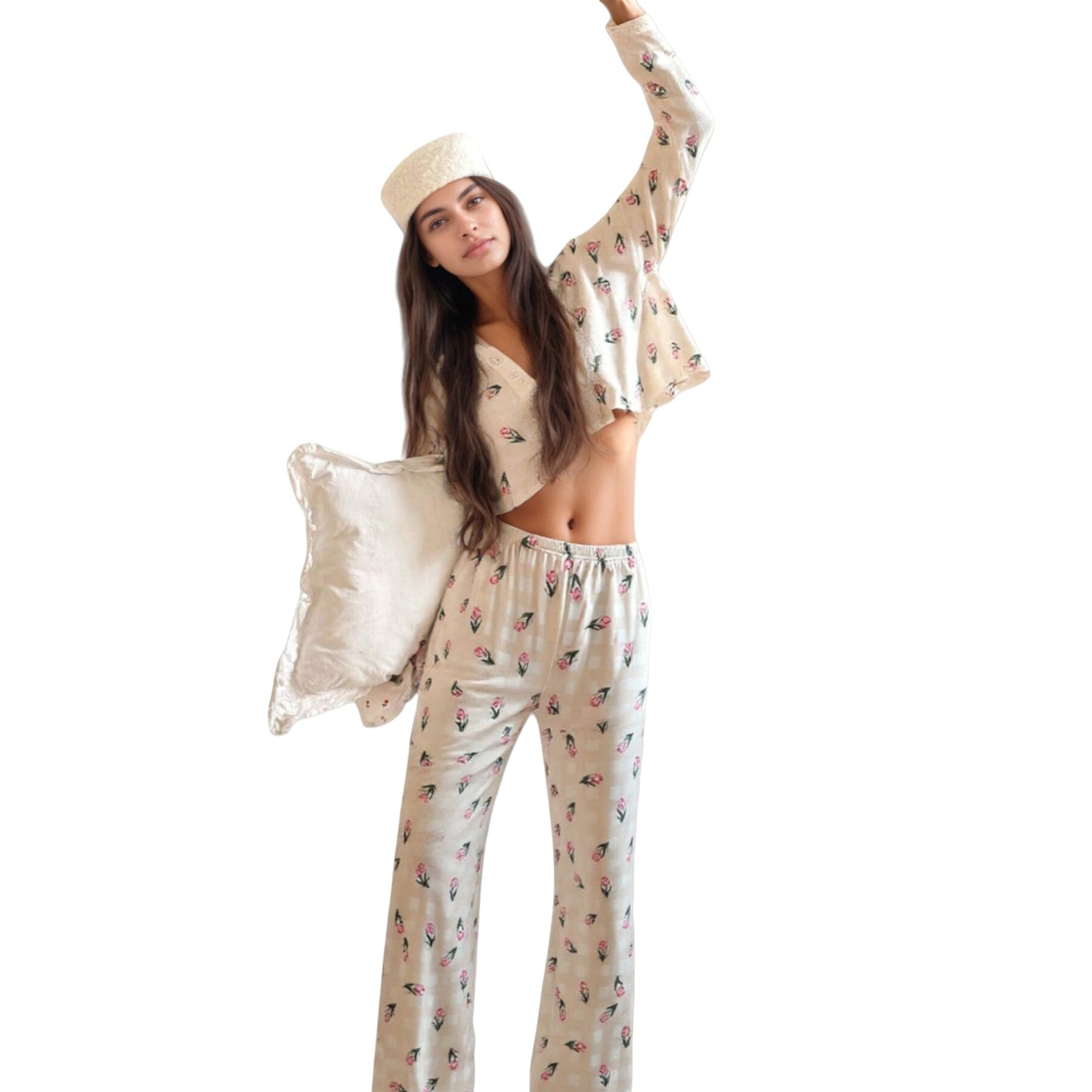 Anna-Kaci Lounge Women's Floral Print Pajama Set with Cropped Button Front Long Sleeve Top and Elastic Waist Wide Leg Pants