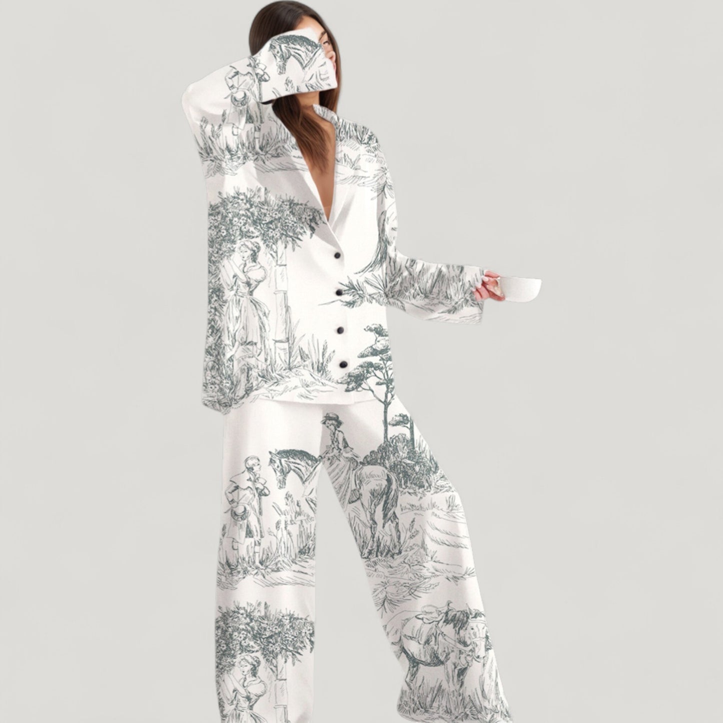 Anna-Kaci Lounge Women's Illustrated Toile Print Woven Pajama Set with Long Sleeve Button-Up Shirt and Straight Leg Pants